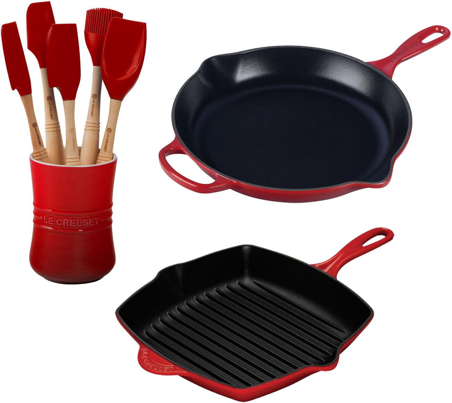 Le Creuset 2-pc Signature Skillet/Grill Bundle | Cherry w/Free 6pc Utensil Set