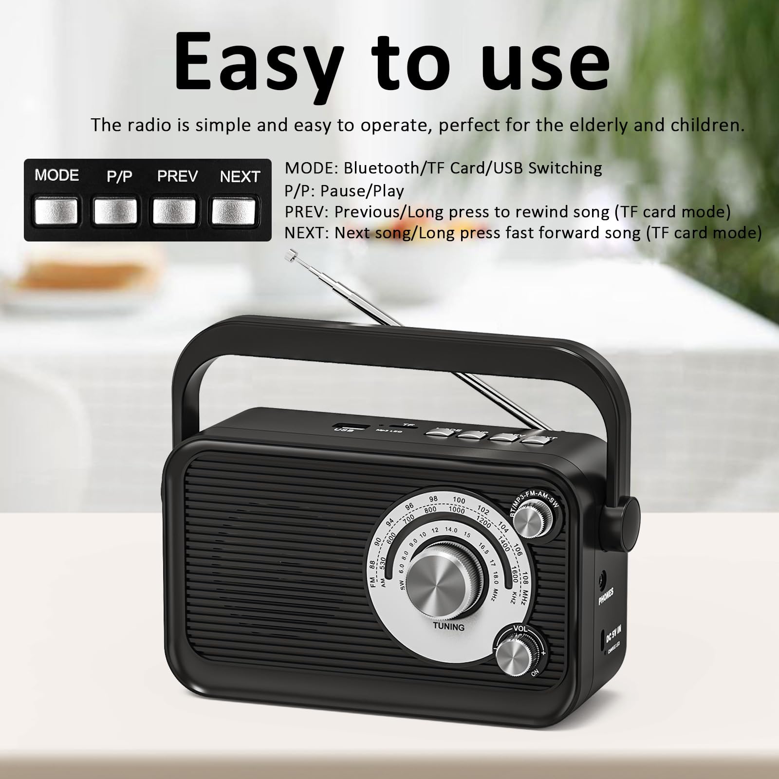 Tendak Tragbares Radio, Kofferradio UKW/FM/AM/SW, Transistorradio Batterie Radio mit Bestem Empfang, Kopfhöreranschluss, Bluetooth, 5W Großem Lautsprecher, USB/TF