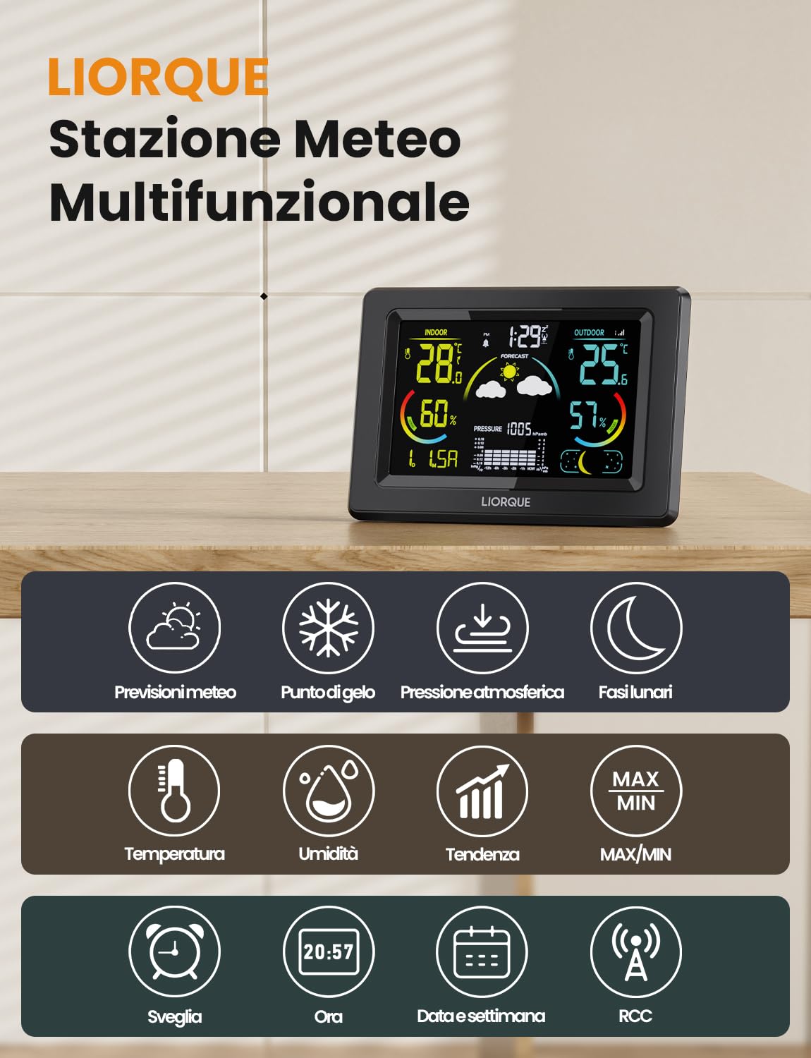 LIORQUE Stazione Meteo con Sensore Esterno, Display a colori LCD VA, Stazione Meteo con Sveglia, Fase Lunare, Previsioni Meteo, Data,Retroilluminazione Regolabile, Igrometro