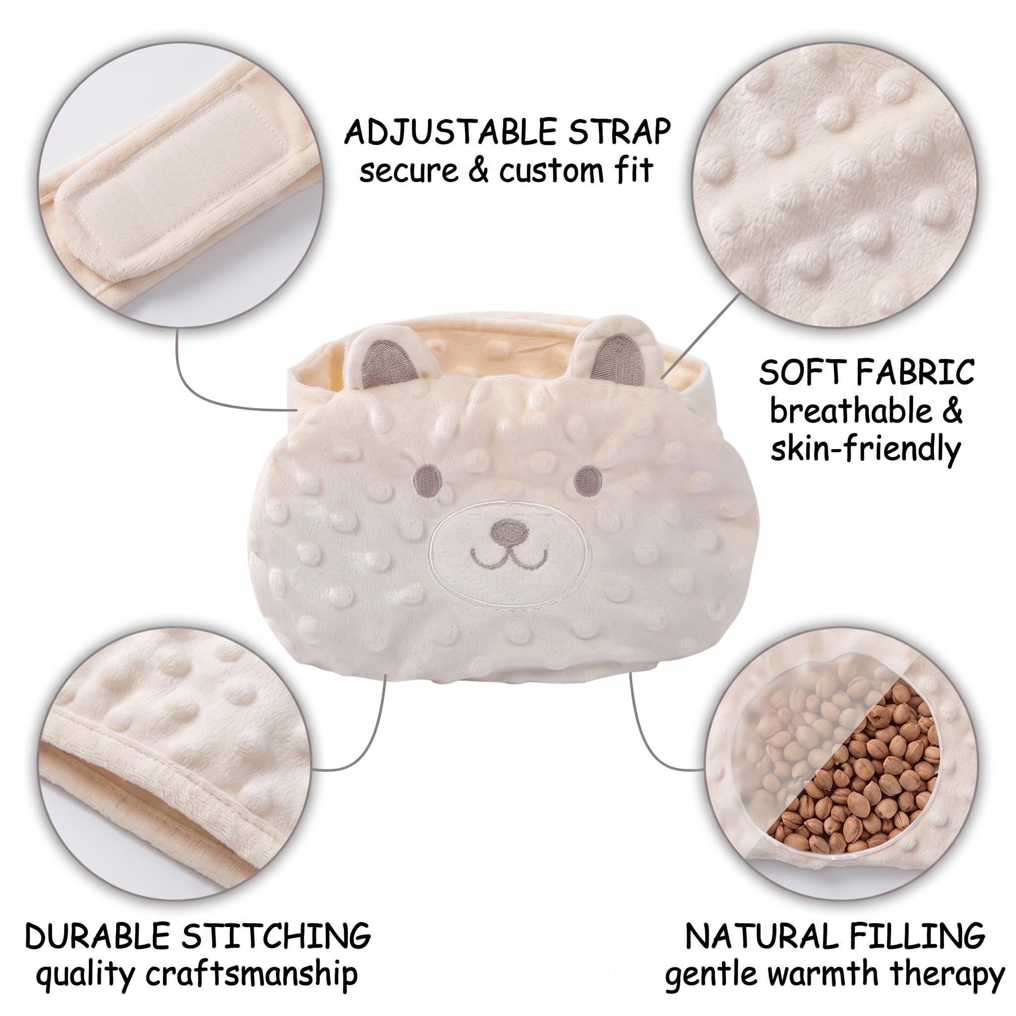 Cinturón de Calor Anticólicos para Bebé con Bolsa de Semillas, Aliviador de Gases y Cólicos, Ajustable para Recién Nacidos y Lactantes (Beige, Diseño Cerdito)