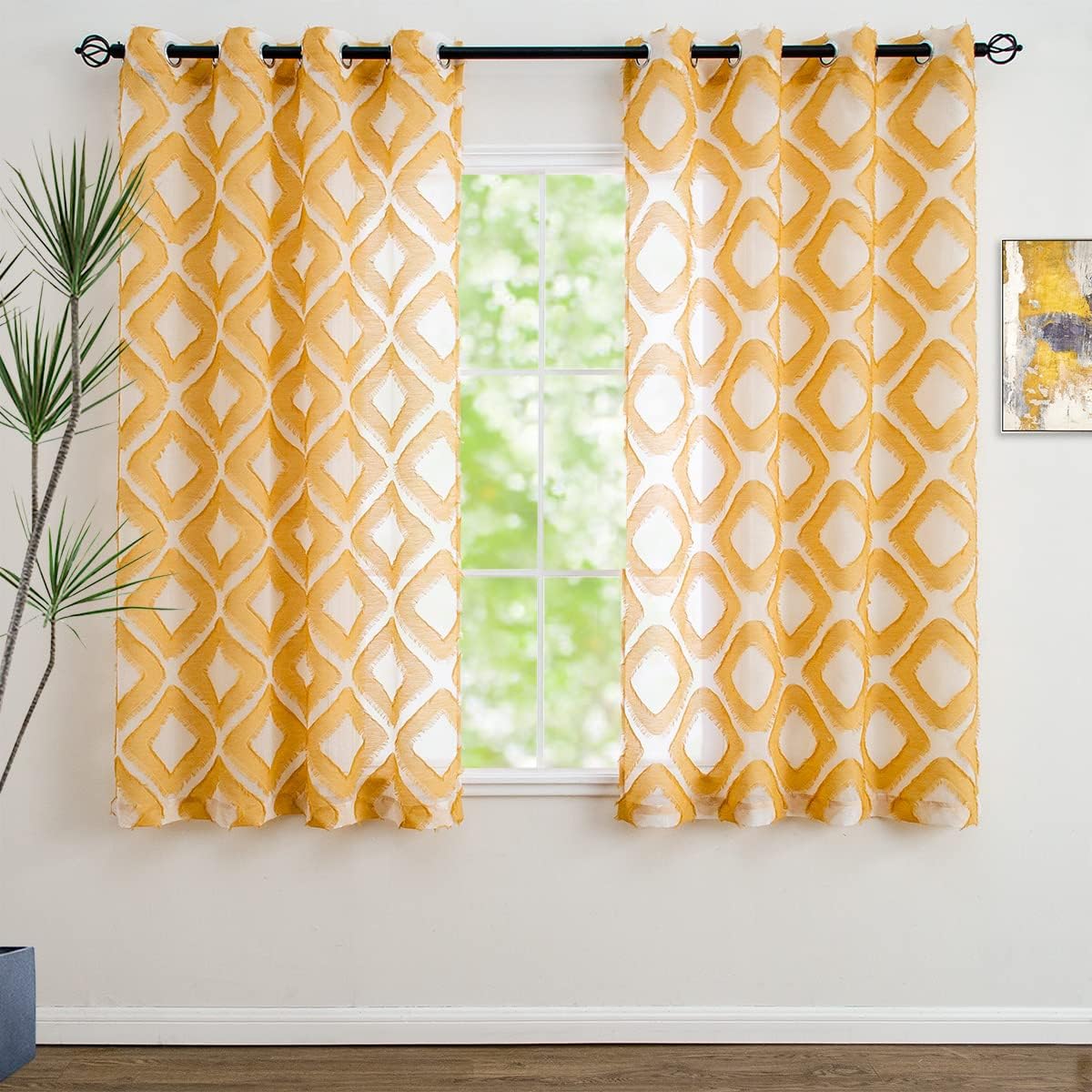 Linentalks Shaggy Yellow Sheer Curtains 63 Inches Long 2 Panels Set, Geometric Patterned Sheer Curtains for Living Room, Mustard Yellow Drapes Faux Linen Grommet Short Window Curtain Panels