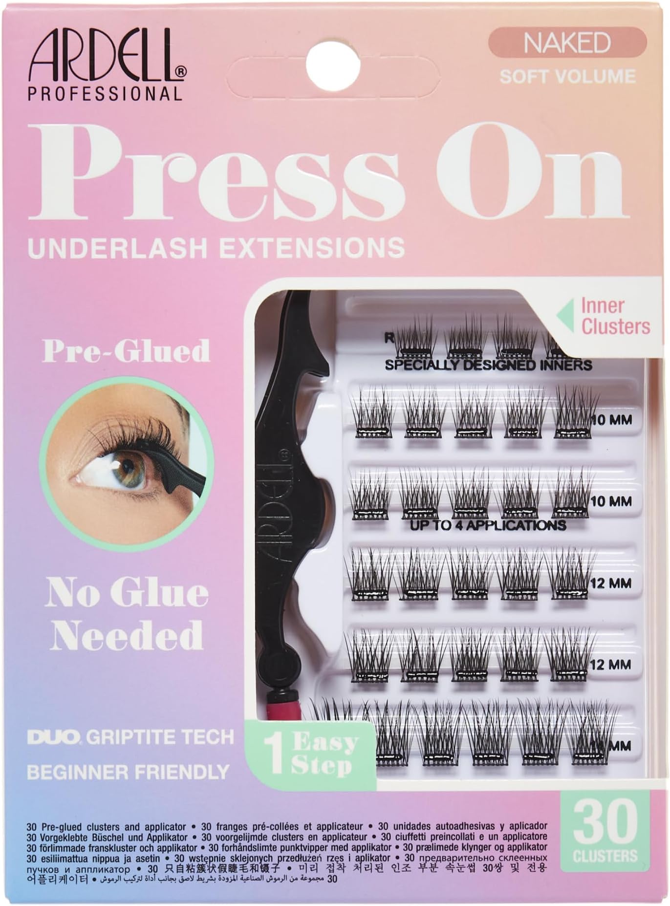 Naked Press On Pre-Glued Underlash Eyelash Extensions, Soft Volume Cluster Lashes Kit, Beginner-Friendly DIY Lash Extension Kit with Applicator, Assorted Lengths, 30 Lash Clusters