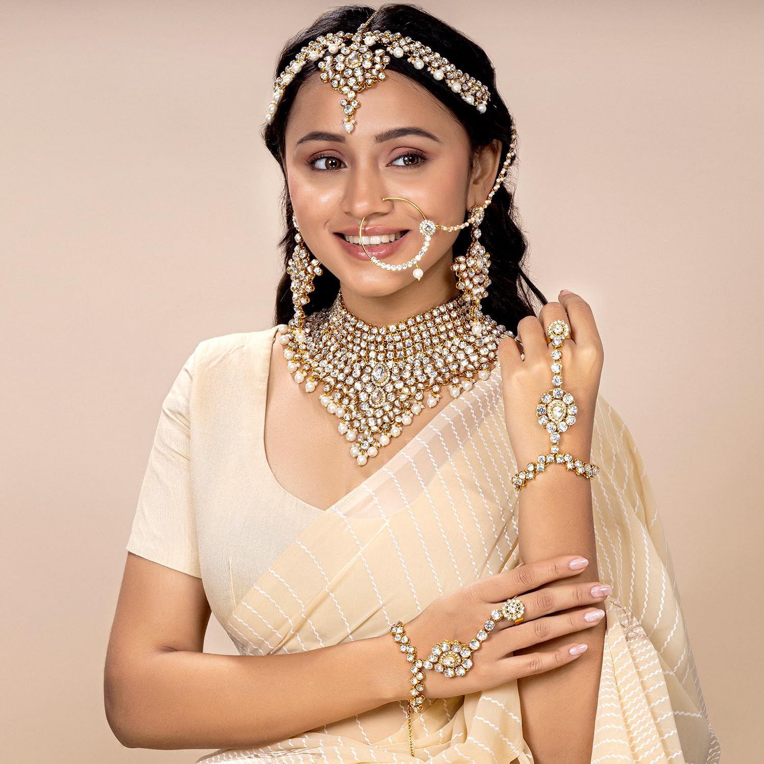 Aheli Bollywood Style Indian Bridal Choker Necklace Matha Patti Nose Ring Haath Phool Wedding Fashion Bharatanatyam jewellery set Gift for Women - Image 2