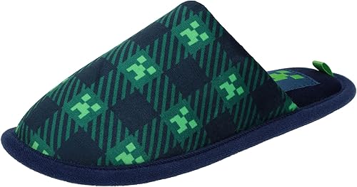Minecraft Pantuflas para niños, estampado de enredaderas a cuadros, azul marinoverde