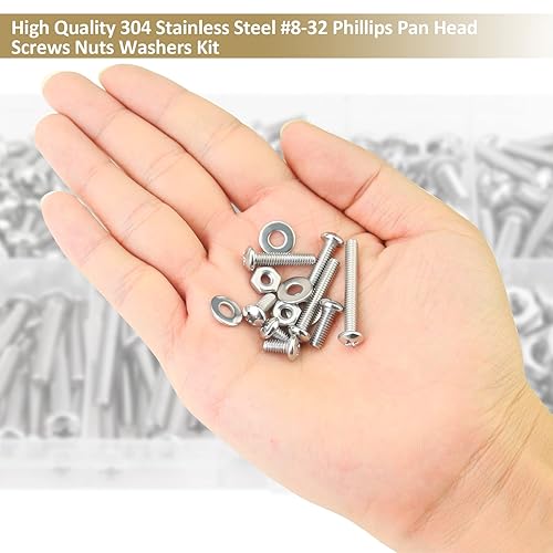 Miniatura 6 de Juego de 202 piezas #8-32x 14", 516", 38", 12", 58", 34", 1", 1-14", Tornillos Phillips con cabeza sartén, tuercas y arandelas surtidas, acero