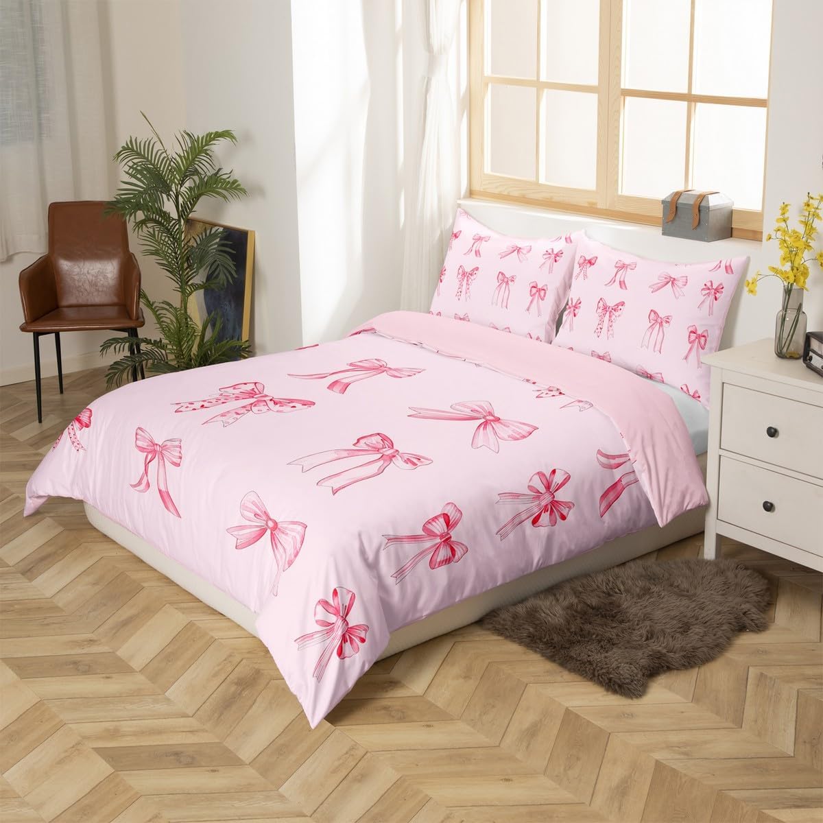 Feelyou Pink Bowknots Decoration Duvet Cover Twin Size for Girls Pink Bow Dreamy Kids Bedding Set Girly Pink Comforter Cover with 1 Pillowcase