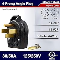 Vista 2 de NEMA 14-30P y 14-30R, 30 amperios, 125 ~ 250 voltios, 3 polos de 4 cables, enchufe angular macho de 4 clavijas y salida de rango de montaje