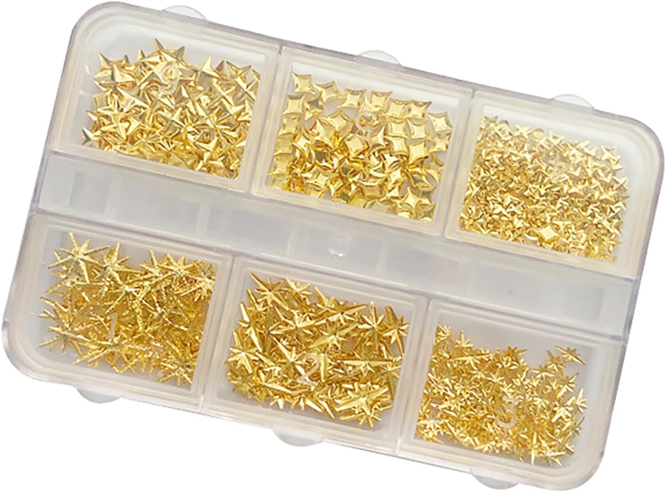 Gold Metal Star Nail Art Charms Set, 6 Styles 3D Nail Decorations with Storage Box, 150-200 Pieces Mixed Size Pentagram Studs for DIY Manicure