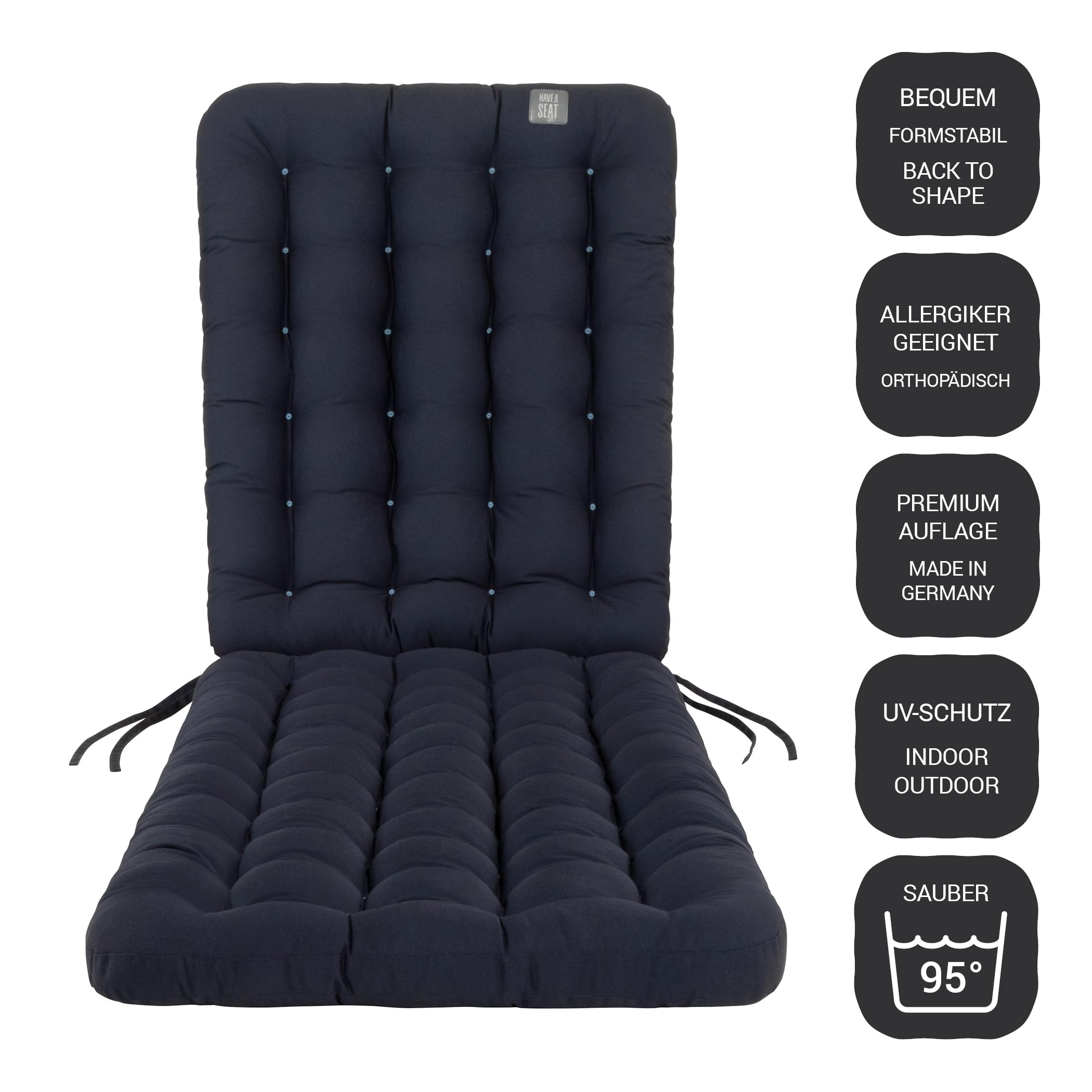 Auflage für Deckchair 180x50 cm - Bequeme Liegestuhl Auflage, 8 cm Dick - Waschbar bis 95°C, Orthopädisch, Wetterfest - Made in Germany (180x50 cm, Marine Blau)