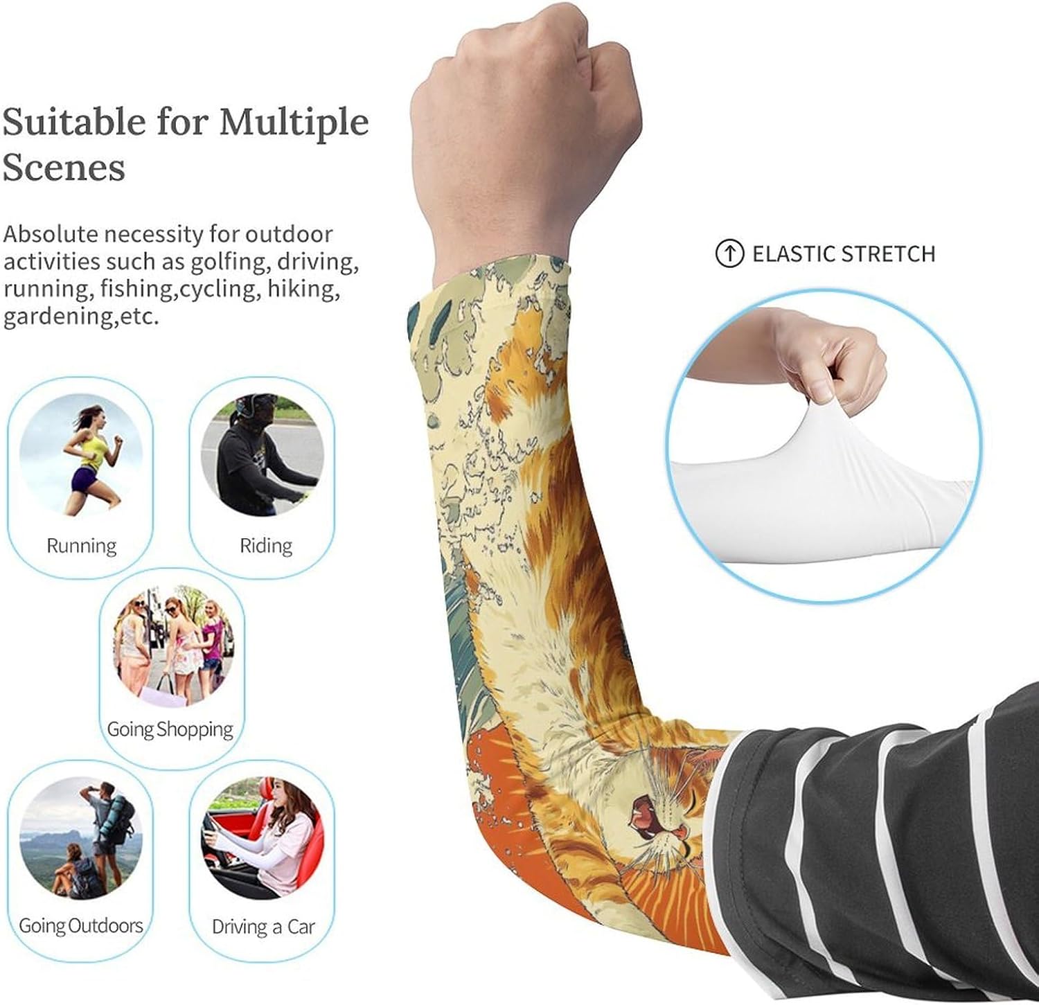 Japanese Cat Ocean Wave Arm Sleeves Sun Protection Sleeves Sports Cooling Arm Compression Sleeve for Men Women