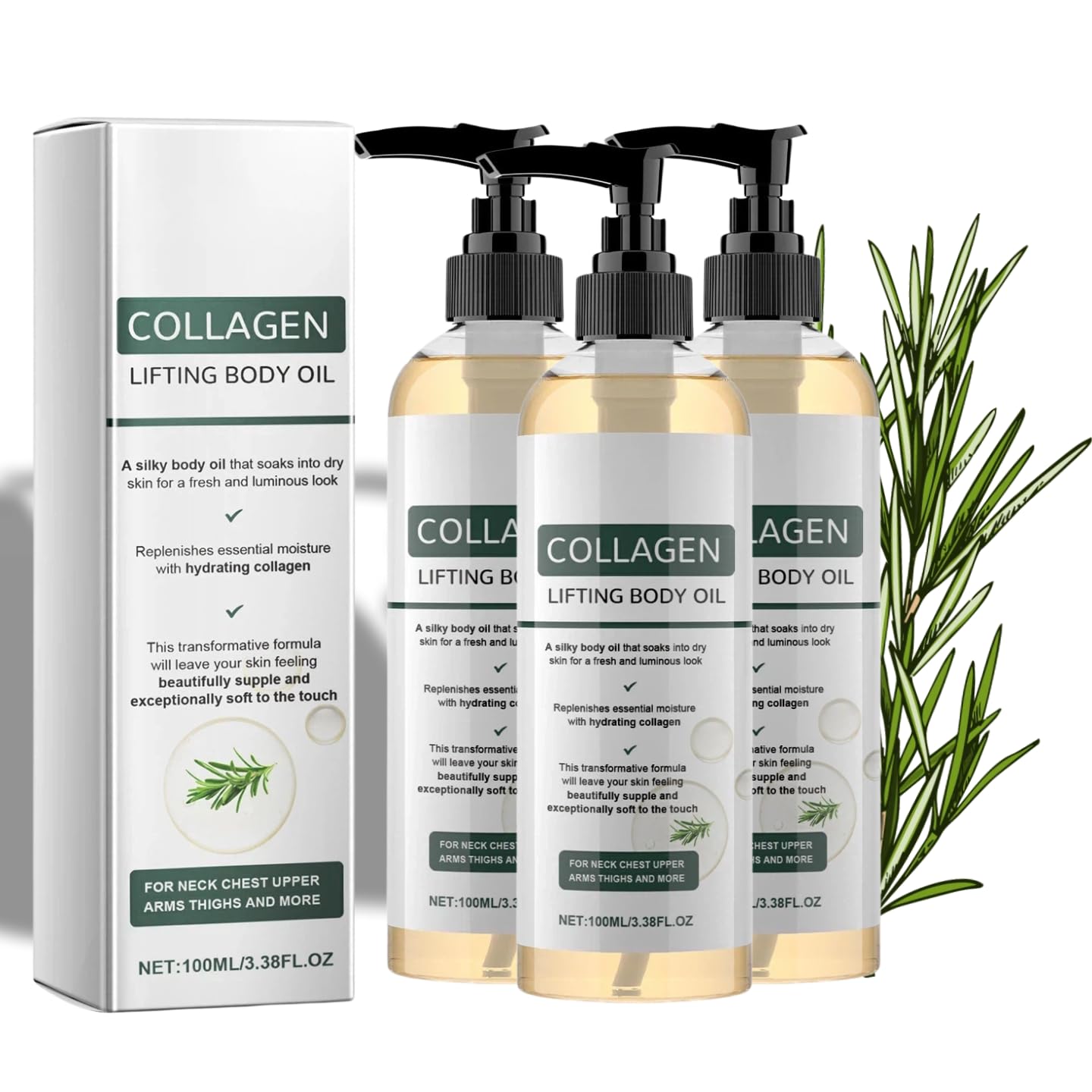 Collagen Lifting Body Oil, Advanced Hydrating Collagen Oil for Women & Men, Lightweight Non-Greasy for Dry Skin, Ideal After Shower & Daily Massage Hydration 3.38 oz (2PCS)