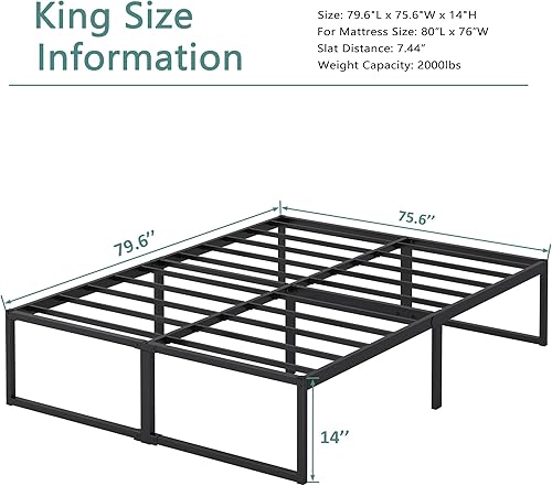 Miniatura 2 de Marco de cama King de 14 pulgadas, no necesita somier, plataforma de metal resistente, marco de cama tamaño King, soporte de listones de acero