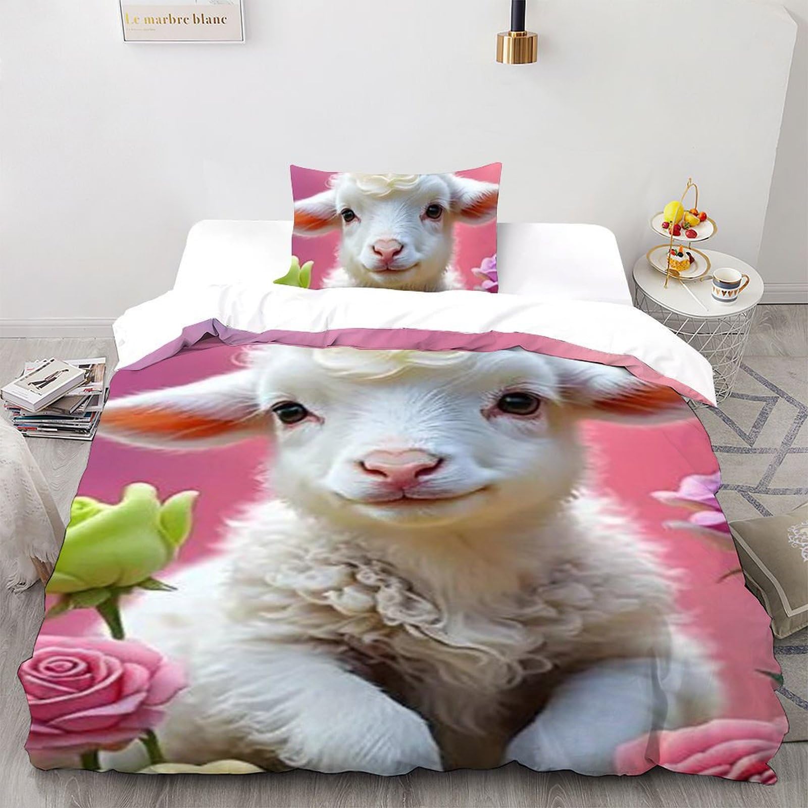 Housse de couette single fermeture éclair anti-glisse motif lamb 3d