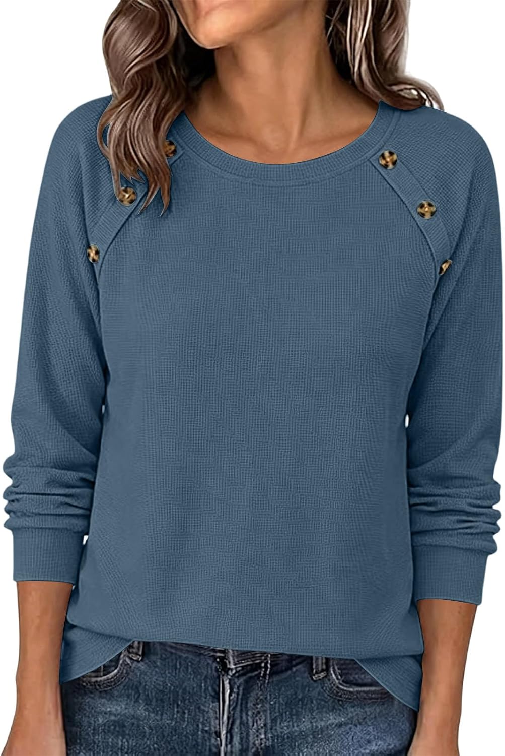 Waffle Knit Shirts for Women Long Sleeve Crew Neck Soft Loose Fit Blouses Casual Fashion Fall Winter Pullover Tops