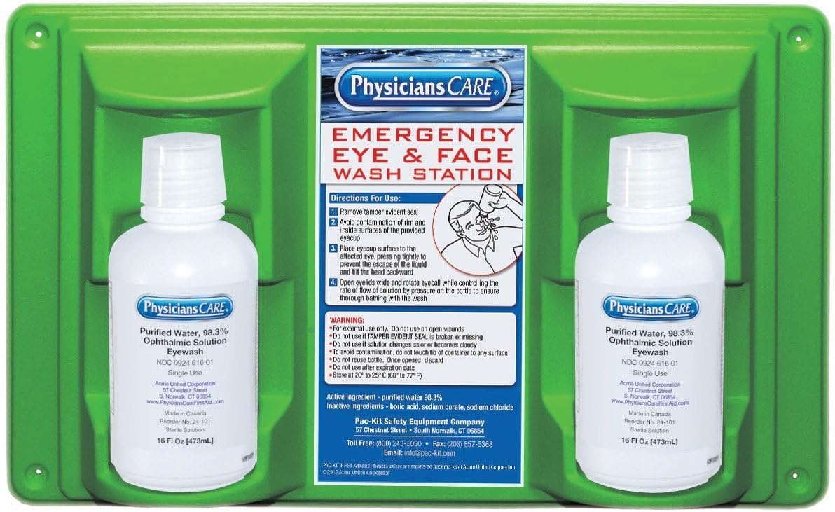 PhysiciansCare Wall-Mountable Eyewash Station with 2 Bottles of Eye Wash Solution, 16 Oz Each