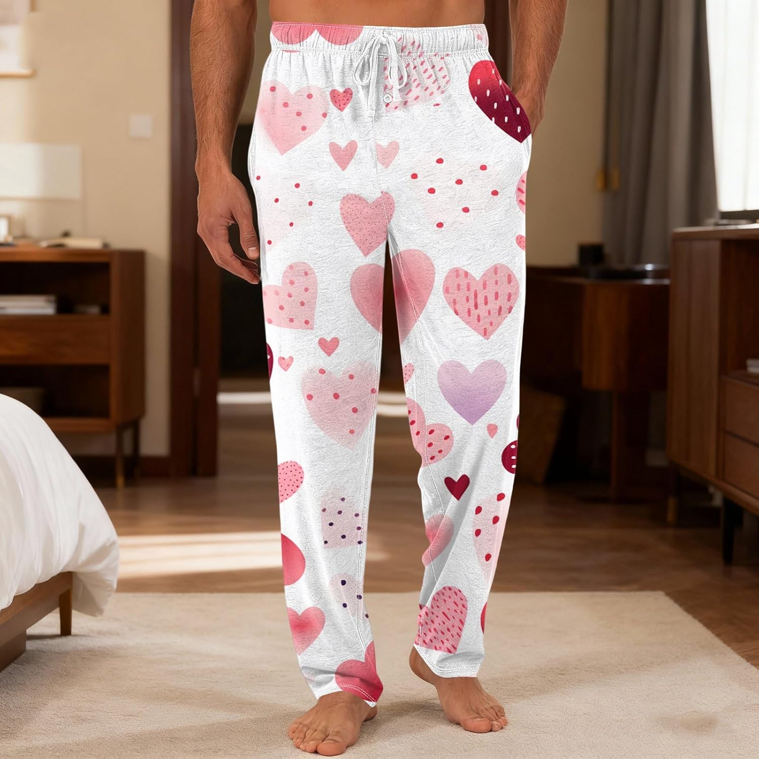 Men's Valentine's Heart Print Pajama Pants Lounge Sleep Bottoms Drawstring and Pockets PJ Pants - Image 2