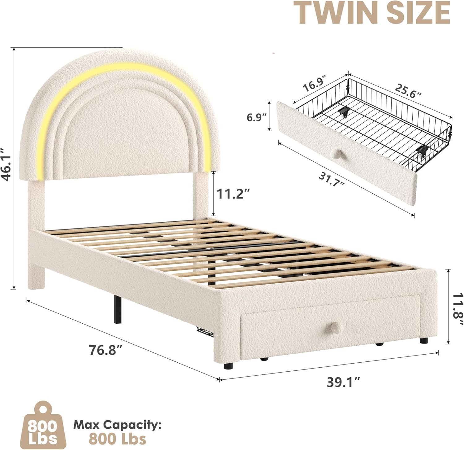 IDEALHOUSE LED Kids Bed Frame - with Rainbow Headboard & Storage Drawer, Twin Upholstered Platform Bed with Warm Lamb Wool for Girls & Boys, Solid Wood Slats No Box Spring Needed,Beige - Image 2