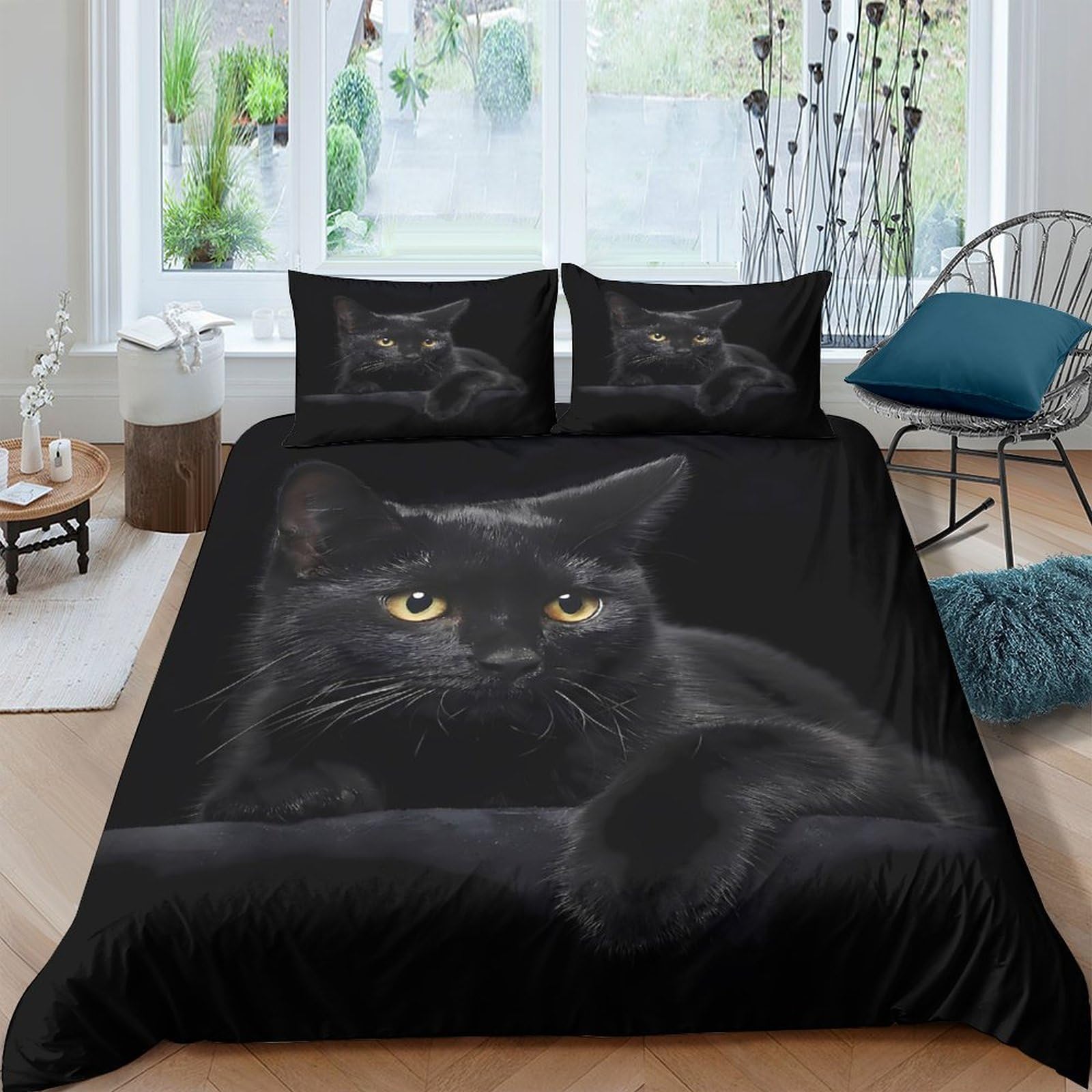 Ctjqhvkz Style-8 3D Printed Black Cat Fitted Sheet Microfiber Soft Bedroom Decor Realistic Cat Face Bed Cover For Home Guest Room Single（135X200cm）