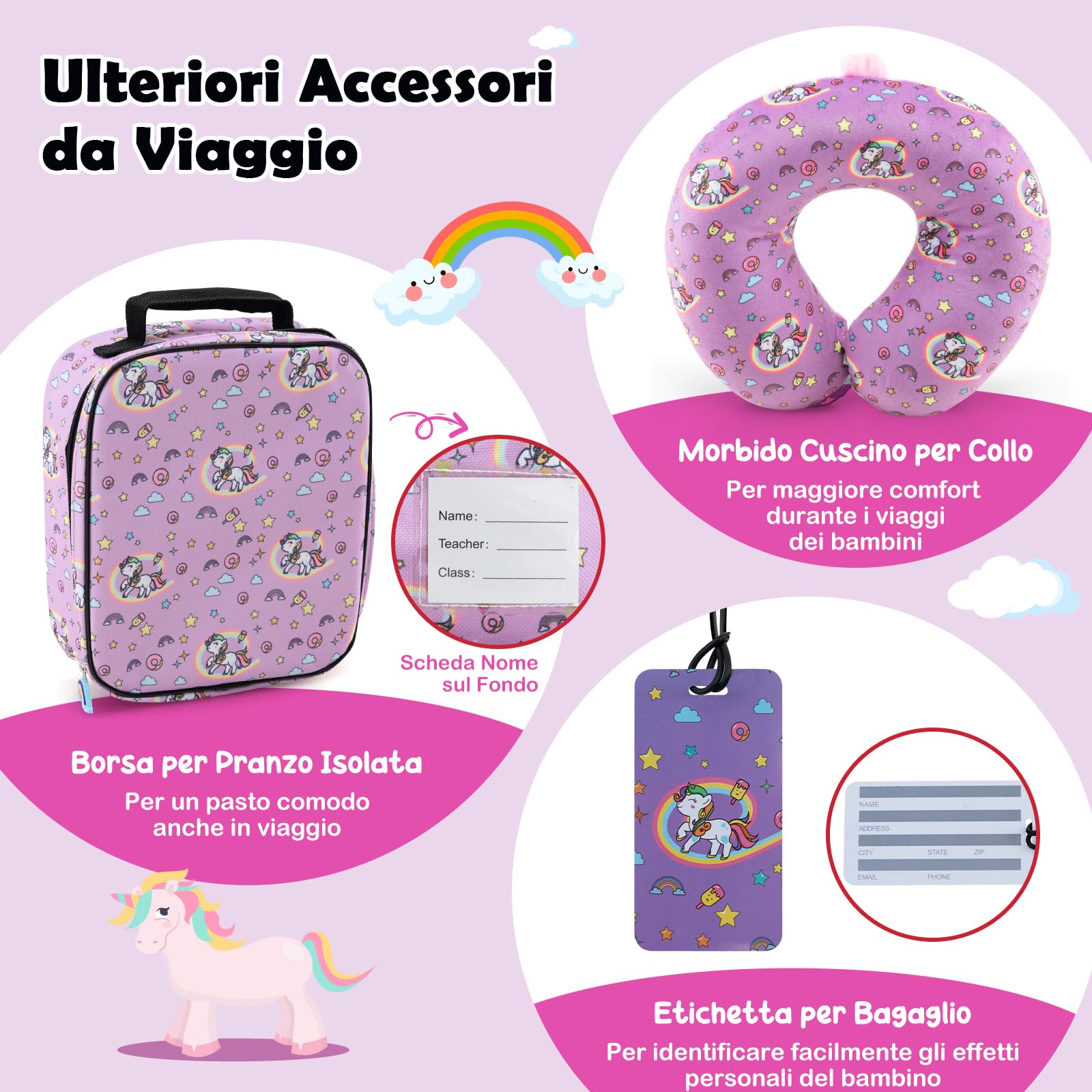 RELAX4LIFE Set di Valigietta per Bambini da 5 Pezzi con Valigia da 38 cm a Mano, Zaino da 33 cm, Cuscino per il Collo, Borsa Pranzo Isolata, Etichetta, Valigia con Ruote Rigide (ROSA)