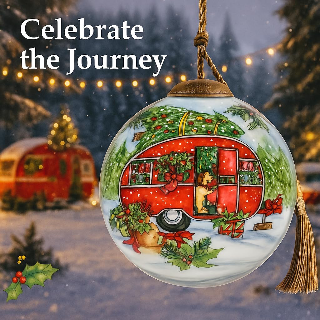 Holiday Camper Ornament – Hand-Painted Glass Camping Ornament – Christmas Red Camper with Dog & Gifts in Snowy Forest Scene – Collectible Ball with Gift Box