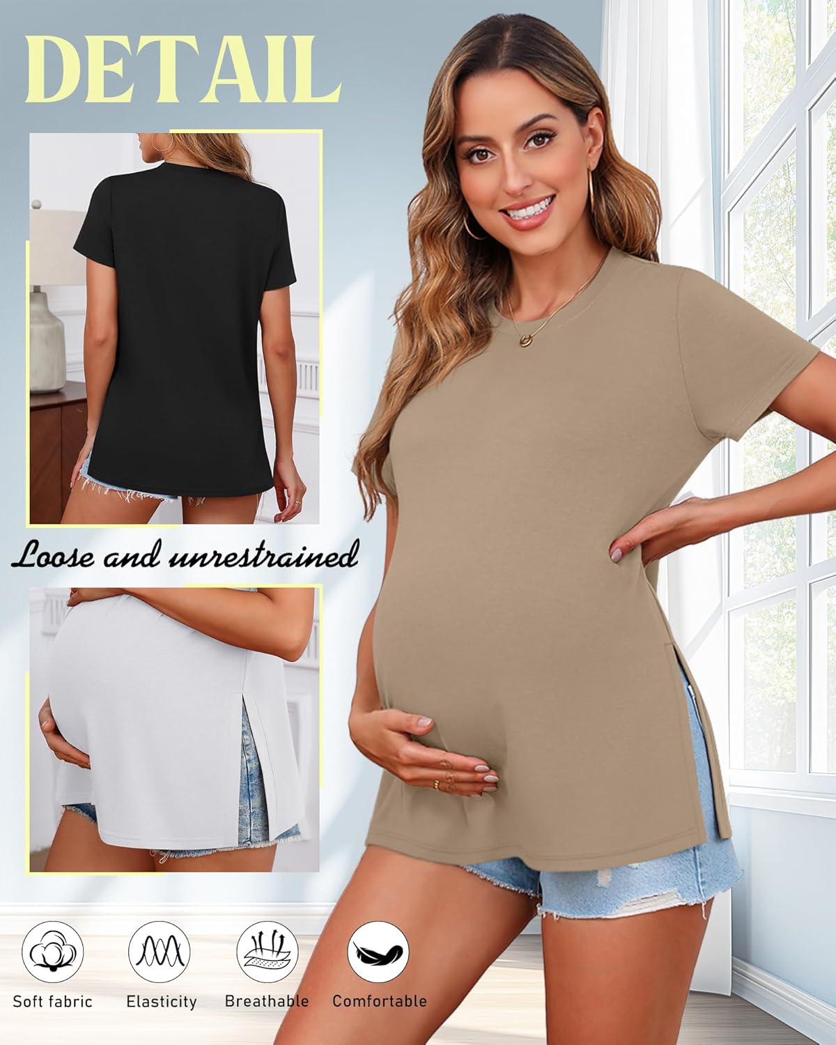 Ficerd 3 Pack Women's Maternity T Shirts, Short Sleeve Side Split Pregnancy Tops Casual Crew Neck Pregnant Tees Mama Clothes