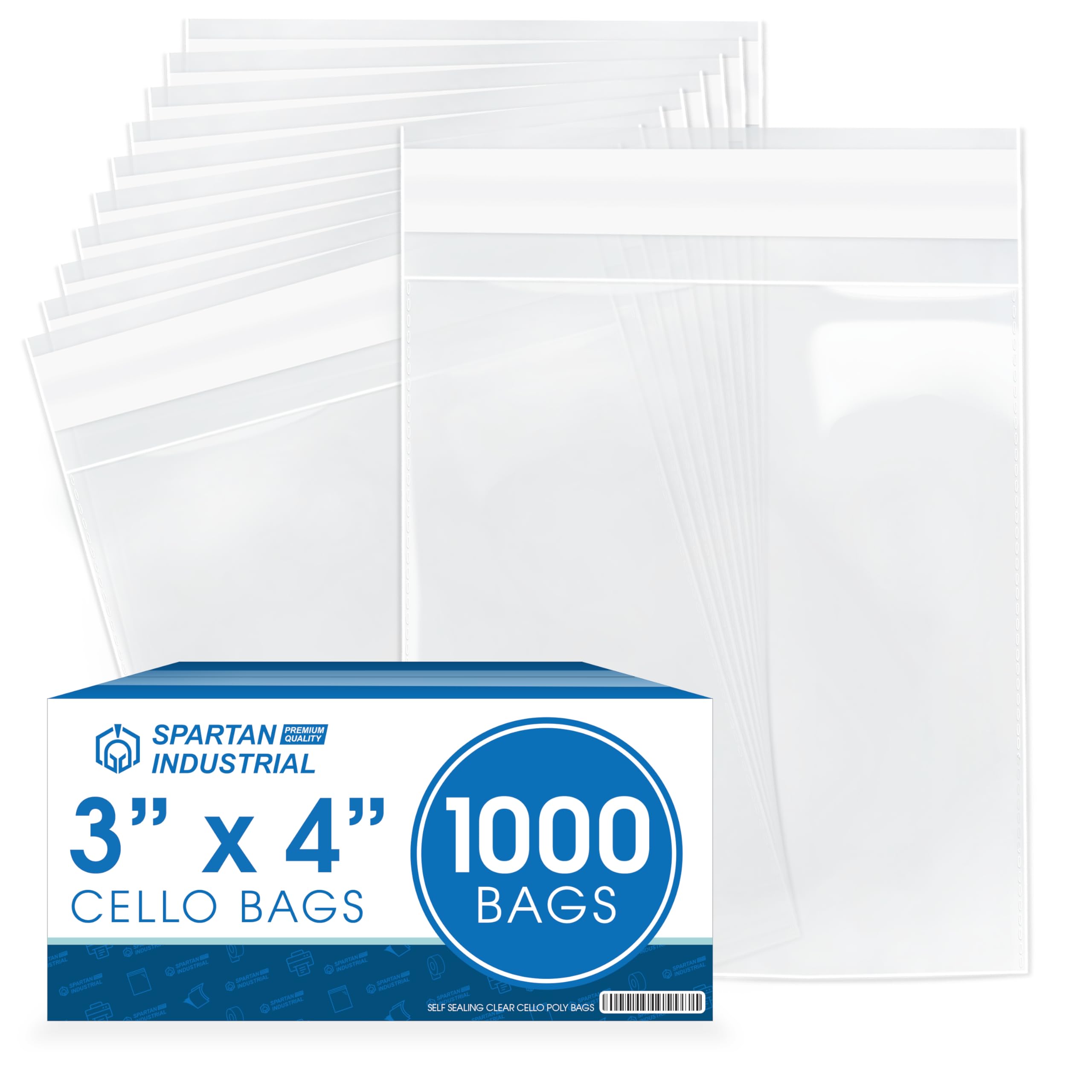 Spartan Industrial - 3" X 4" (1000 Count) Resealable Adhesive Crystal Clear Cello Poly Bags for Jewelry, Treats, Party Favors - Self Seal & Reinforced
