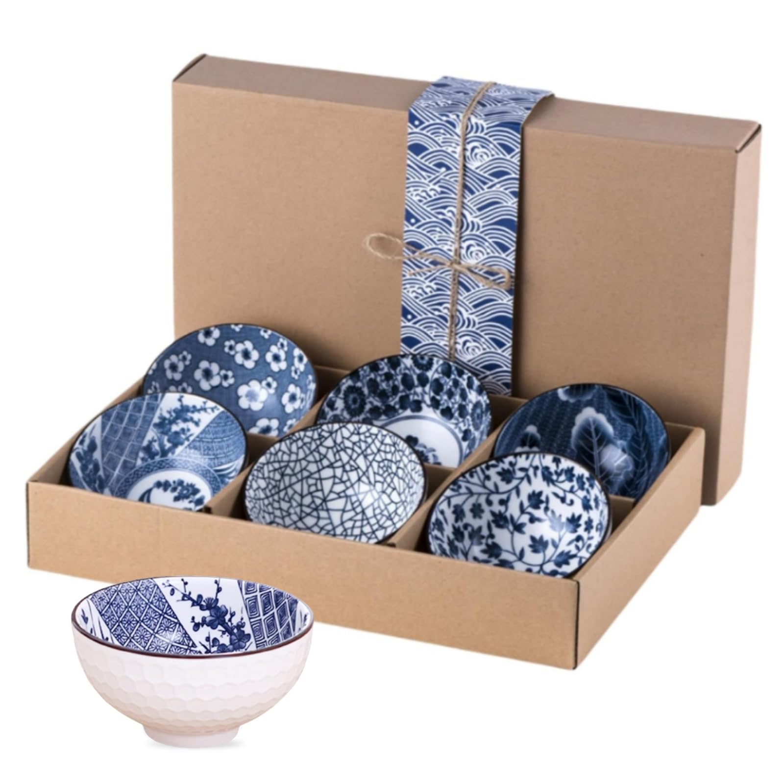 6 Pcs Japanese Style Ceramic Dipping Bowls, Rice Bowl with Gift Box Bowls Set, 300ML / 10 Ounces Porcelain Bowl, for Rice, Cereal, Dessert, Soup, Snack, Fruit, Ice Cream, Salad, oats (Blue-6Pack)