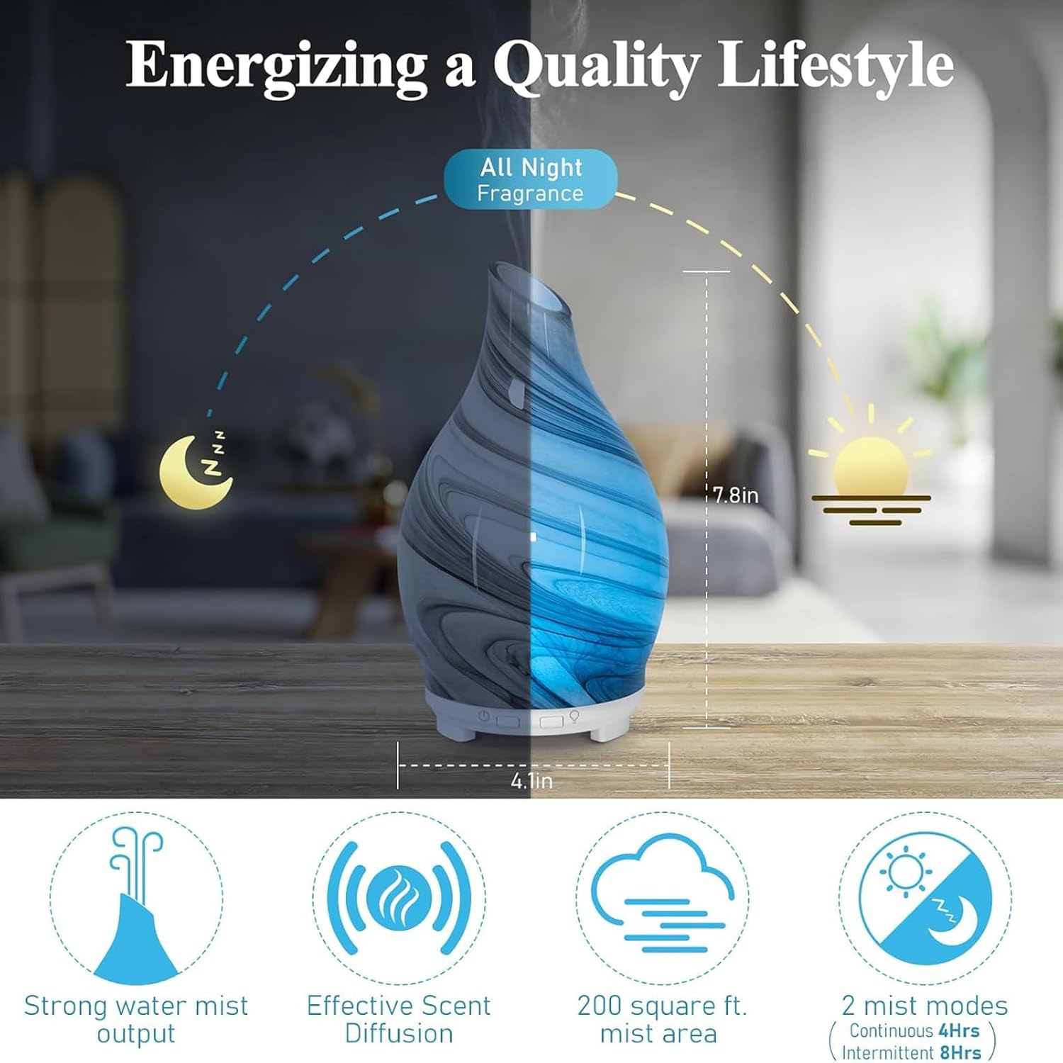 Maromamix Diffuser highlighting mist output, scent diffusion, coverage area, and mist modes