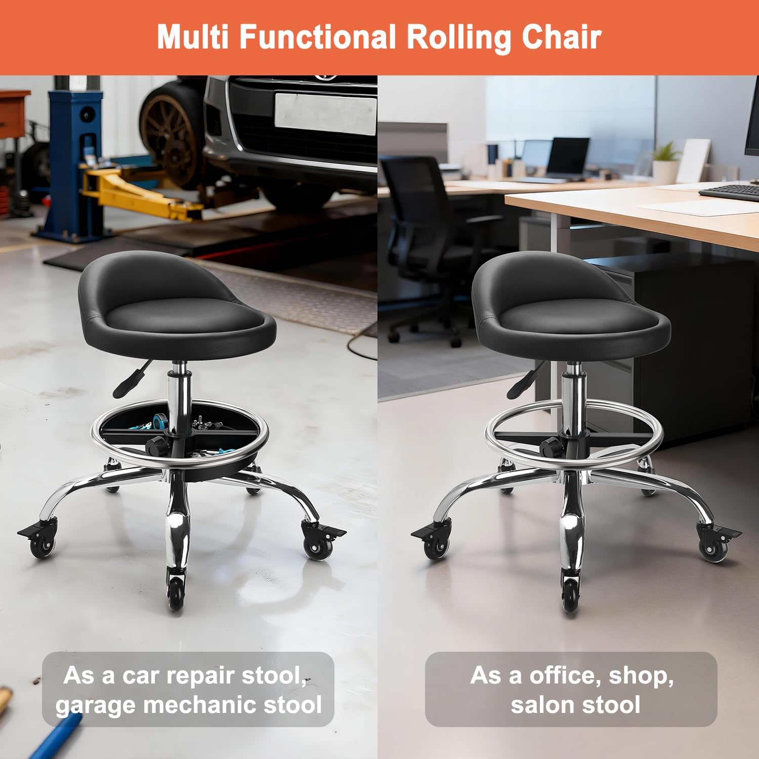 Garage Mechanic Stool Chair, Rolling Workshop Stool with Tool Tray Storage, Height Adjustable Heavy Duty Swivel Task Chair, Mechanic Chair for Garage, Shop, Auto Repair (Style 2)