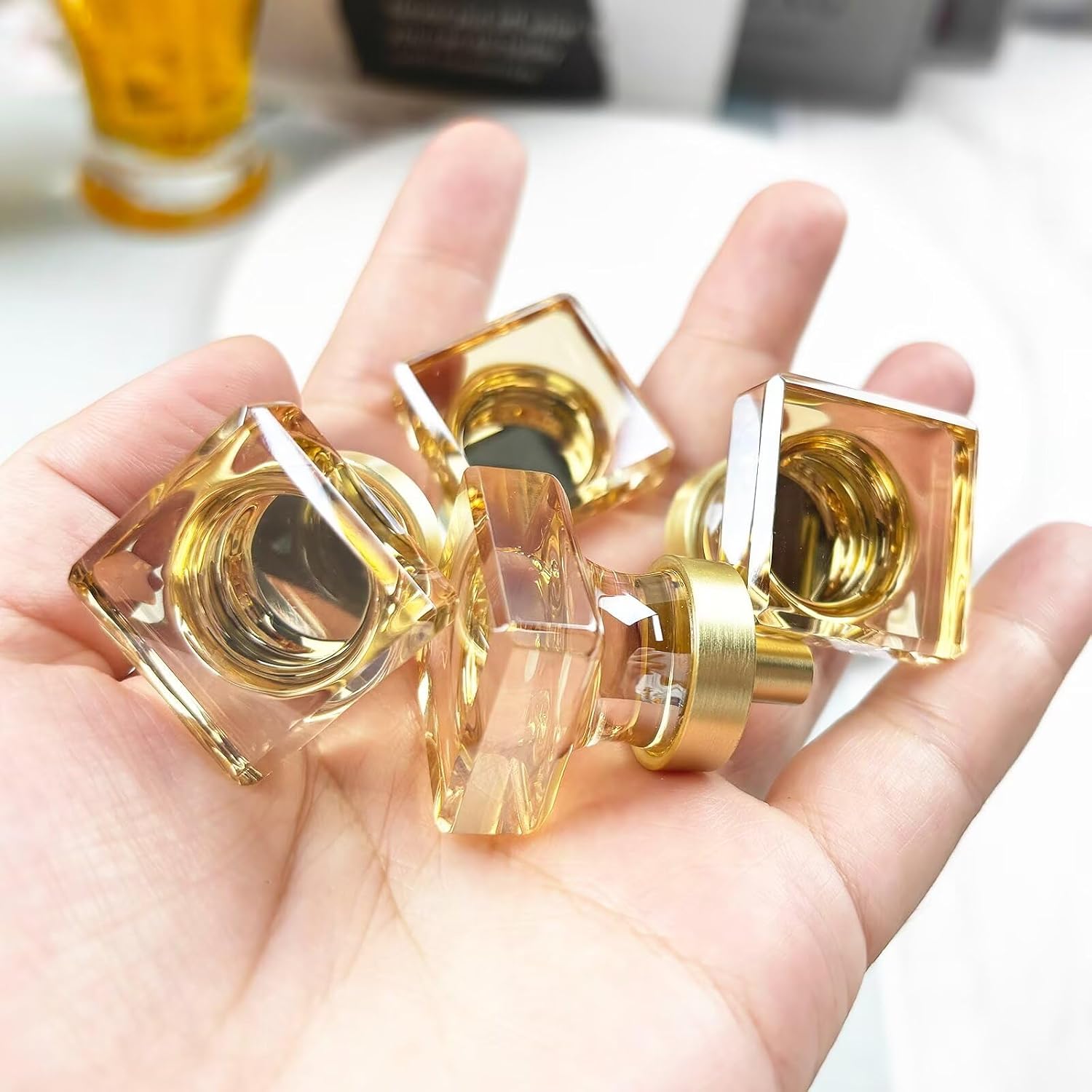 Crystal Cabinet Knobs Gold Drawer Knob Handles Decorative Glass Cupboard Pulls Champagne Color Home Kitchen Decor Square Shape 4 Pack