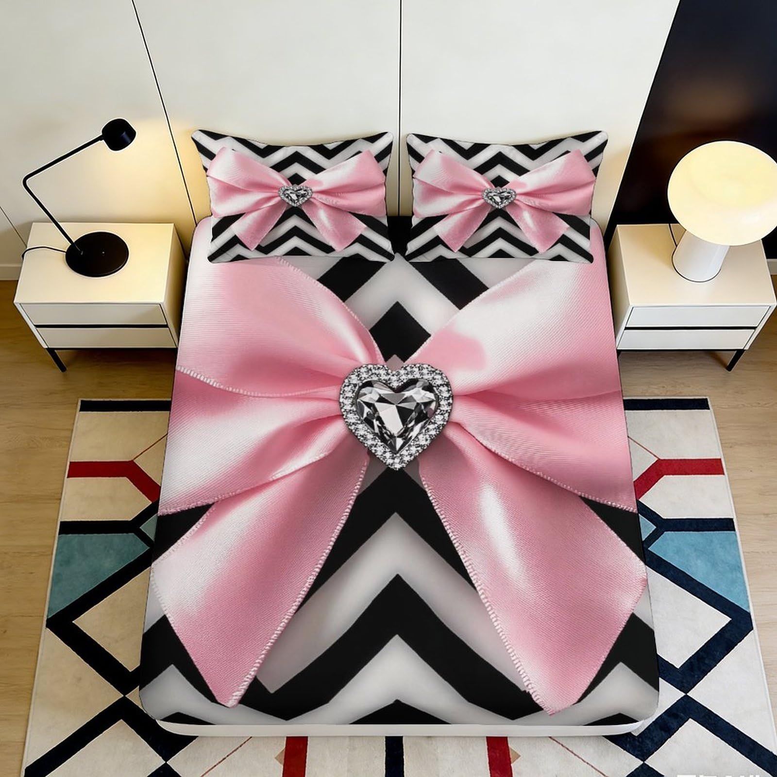 3D Printed Pink Bow 3D Printed Fitted Sheet Microfiber Soft Breathable Geometric Mattress Cover for Bedroom Dormitory Guest Room Mattress Protection 200x200x25cm