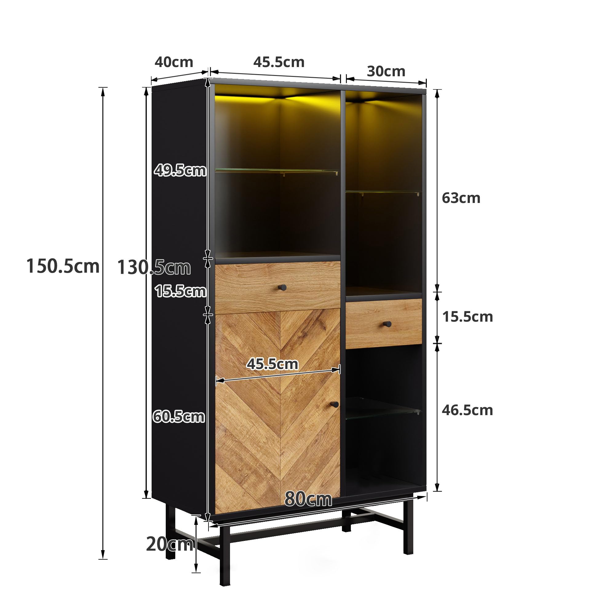 Idemon Vitrina con iluminación ambiental de 12 colores, armario de cocina con cajones y estantes de cristal, grano de madera triangular