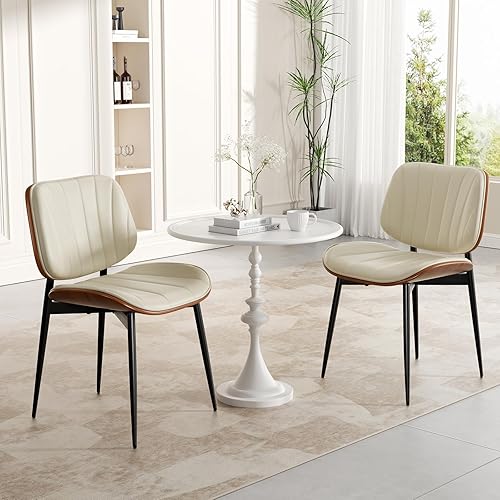 Miniatura 8 de Juego de 6 sillas de comedor, modernas de mediados de siglo, sillas de cocina tapizadas de piel sintética con respaldo de madera curvada de nogal