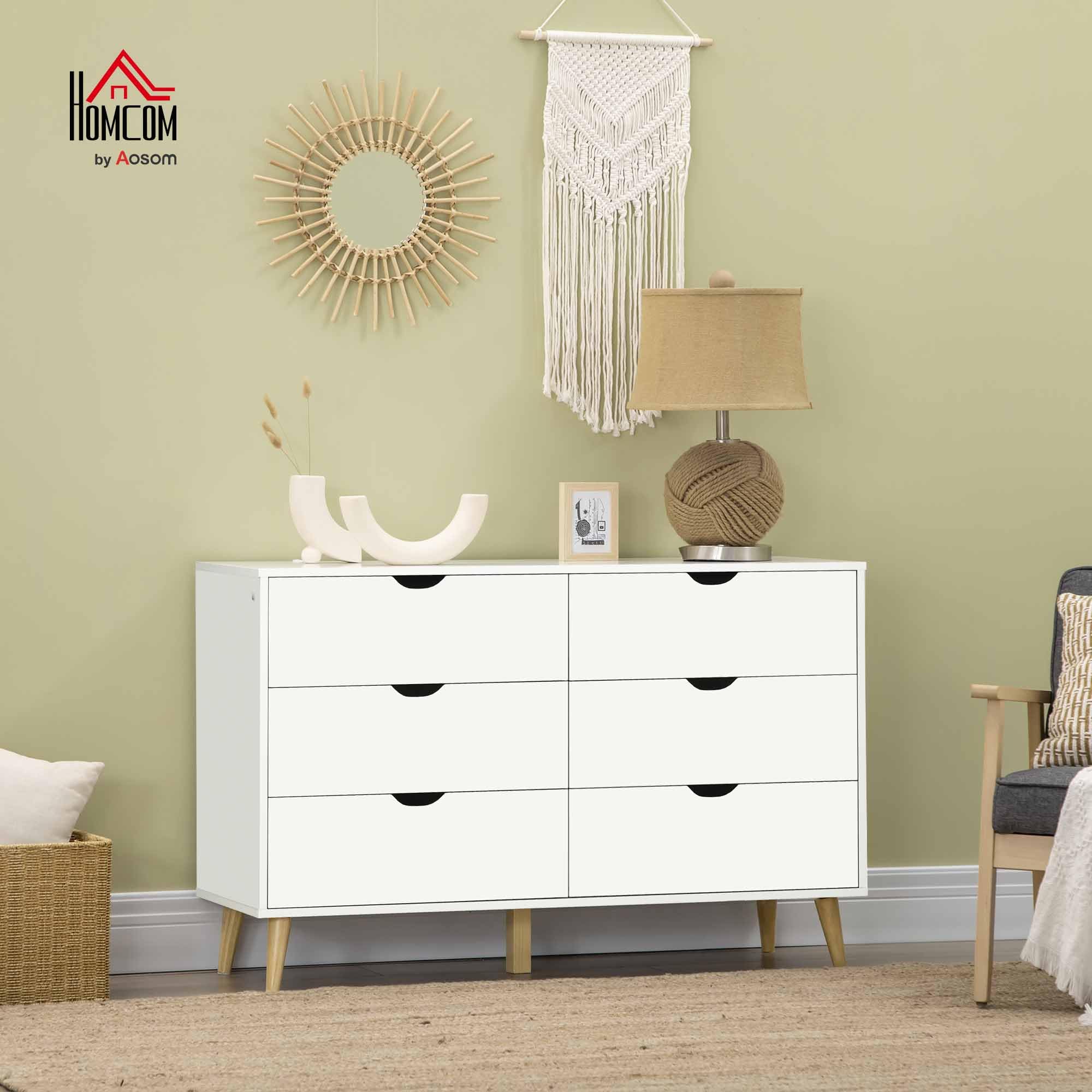 HOMCOM Commode 6 tiroirs Armoire avec tiroirs Meuble de Rangement Pieds en Bois Massif Style Moderne 120 x 40 x 76 cm Blanc