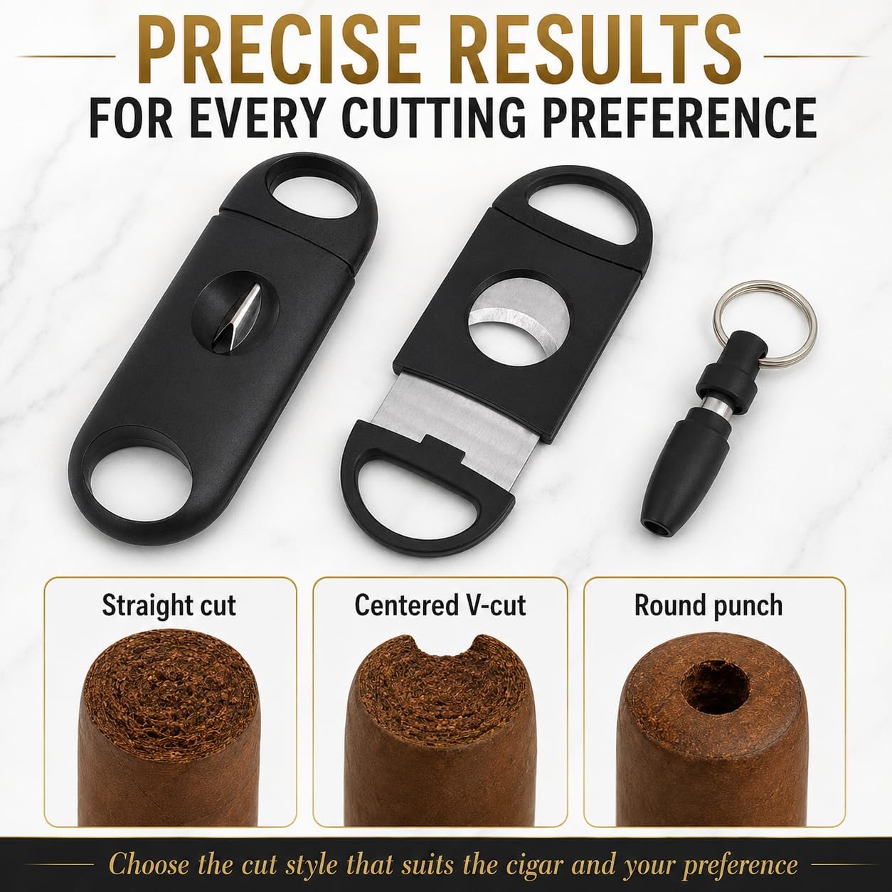 Stainless Steel Double Blade and V-Cut Cigar Cutter Combo - Precision Cigar Scissors and Punch Tool, Black/Silver