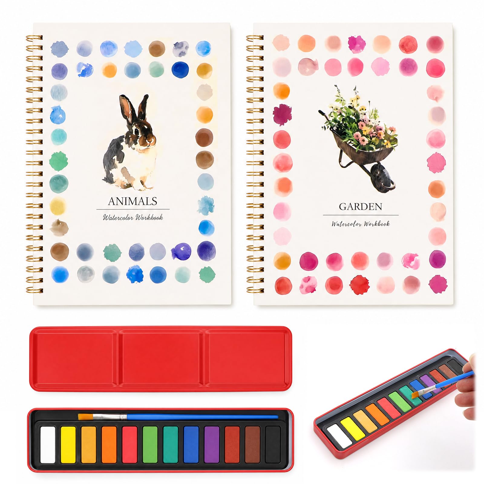 ZYNERY 2Pcs Watercolour Workbooks, 12 Colors Water Colour Paints Set with Brush, Beginner-Friendly Water Colour Workbooks, Water Colour Paints Sets for Adults (Animals & Plants)