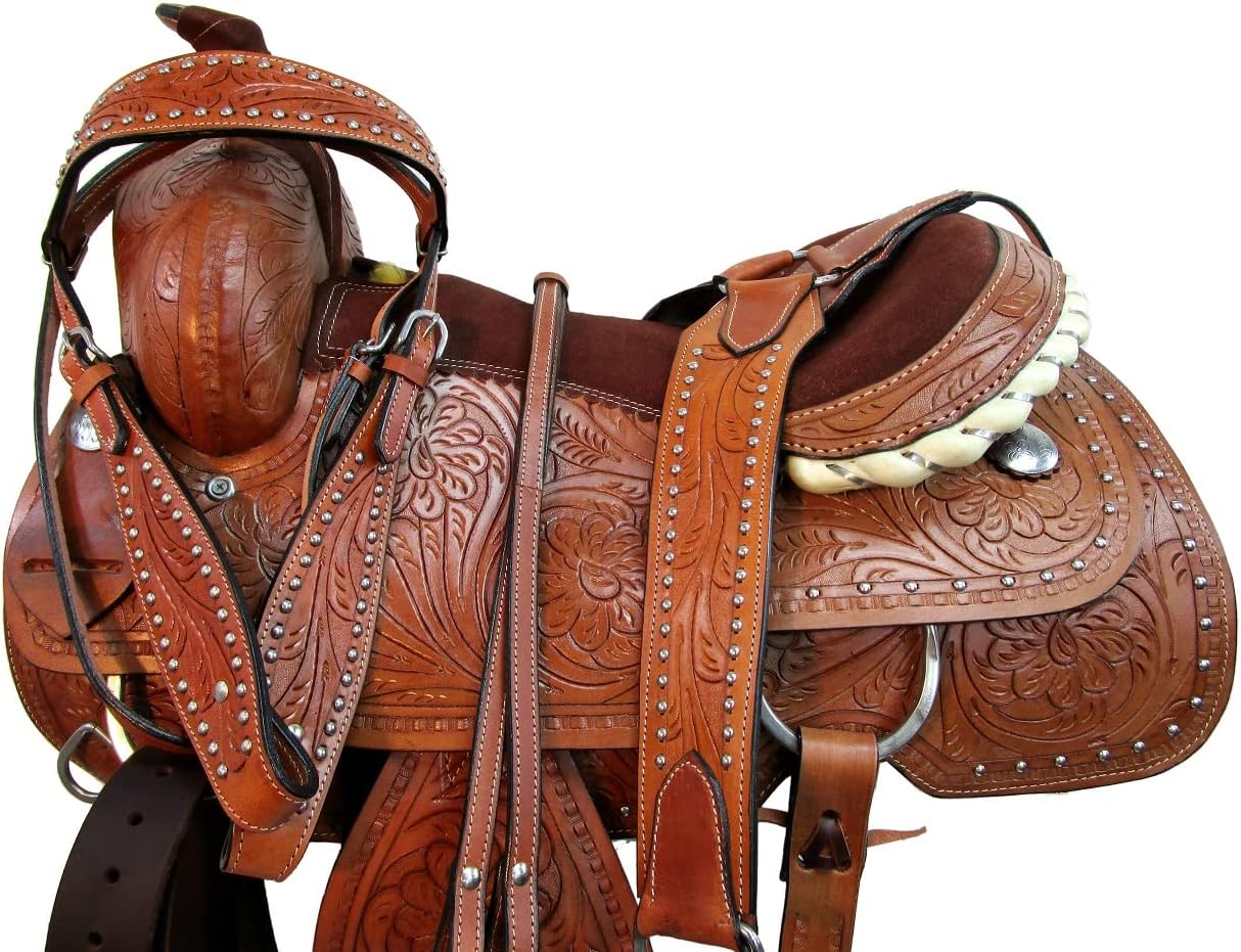 Western Saddle Trail Pleasure Horse Saddles Rodeo Cowboy Floral Tooled Leather Tack Set 15 16 17 18