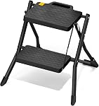 URACKIFY 2 Step Stool Foldable, Step Ladder with Non-Slip Rubber mat, Step Stool with Release Button, Lightweight Steel, Black, Capacity 330LBS.