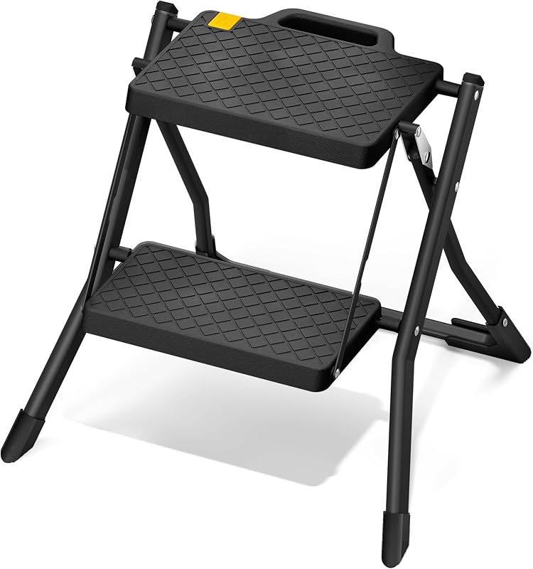 URACKIFY 2 Step Stool Ladder, Folding Step Ladder for Home, 330lb Cap,Black | Ladder Non-Slip Feet, Release Button for Safety, Lightweight Foldable Step Stool for Office & Home Use. Easy to Carry & Store