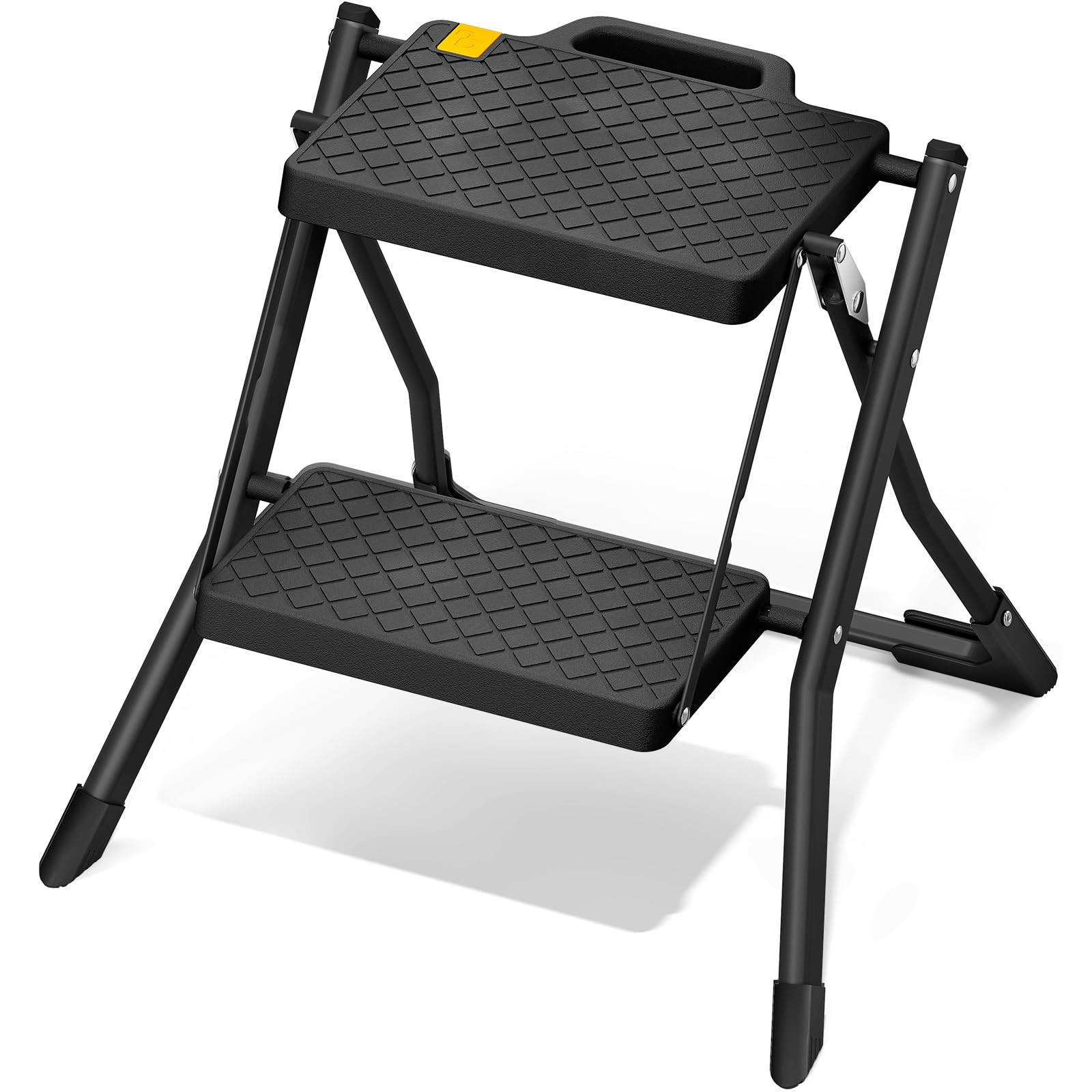 Urackify Escalera de 2 peldaños, Acero Resistente, peldaños Antideslizantes con asa, Plegable Segura con Bases Antideslizantes, Capacidad de Carga 150kg para hogar y Cocina, Negro