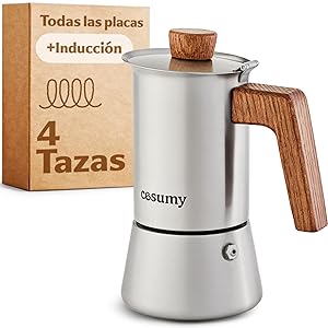 Cosumy Cafetera Espresso 4 tazas - Apta para inducción y todas las demás placas - Acero inoxidable y madera - 200ml