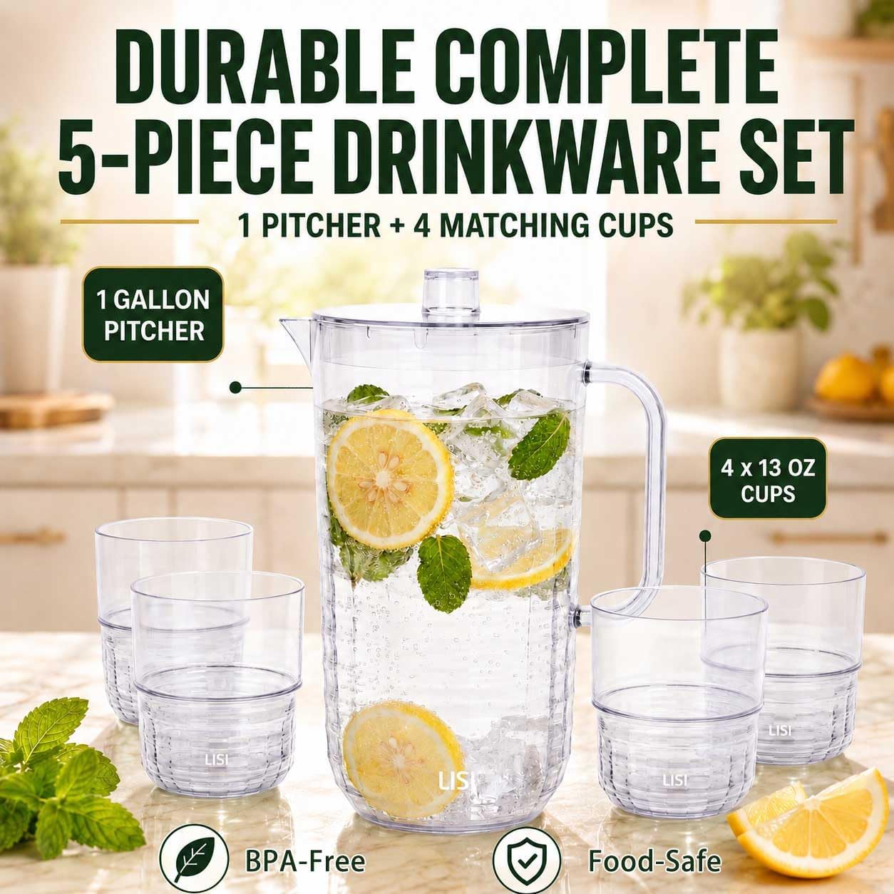 LISI 1 Gallon Water Pitcher, Plastic Drink Pitcher with Lid & 4 Cups