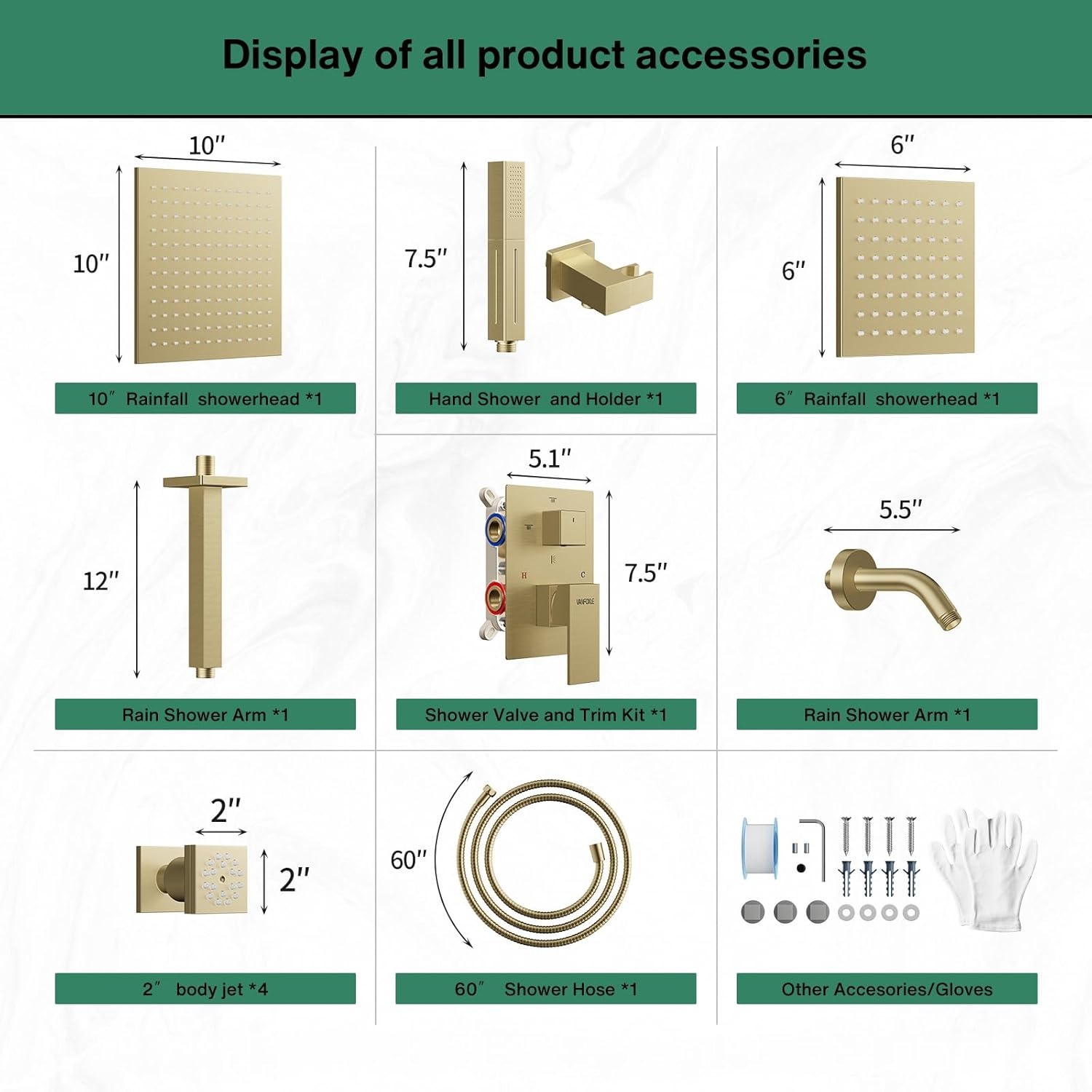 VANFOXLE Shower Faucet Set Brushed Gold Shower System,Four Modes Shower Faucet with 2 in 1 Handheld,Ceiling Mount 10 Inch Shower Head with 6 Inch Shower Head, 4 PCS Dual Modes Body Jets - Image 9
