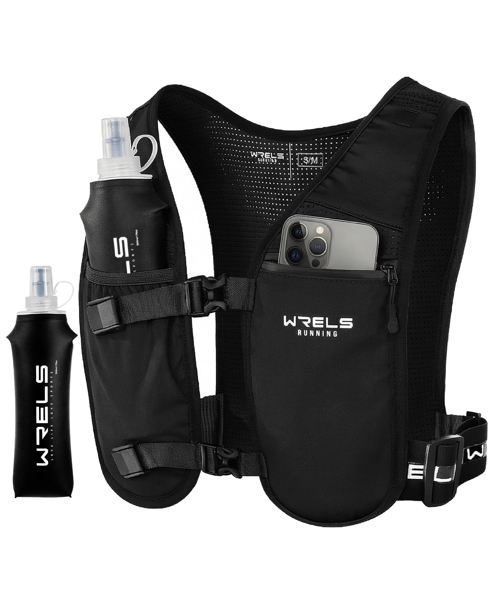 WRELS Running Vest with Running Water Bottle,Adjustable Reflective Hydration Vest with Waterproof Phone Holder for Women Men,Lightweight Water Vest for Outdoors(L/XL)