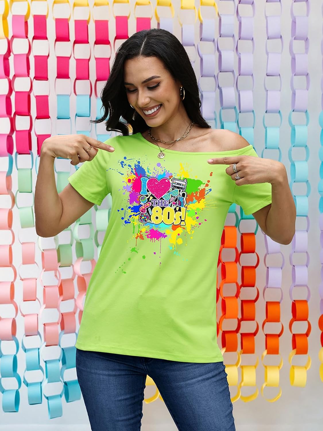 80s Shirts for Women Retro Off The Shoulder Top Disco 80s 90s Theme Party Outfit - Image 3