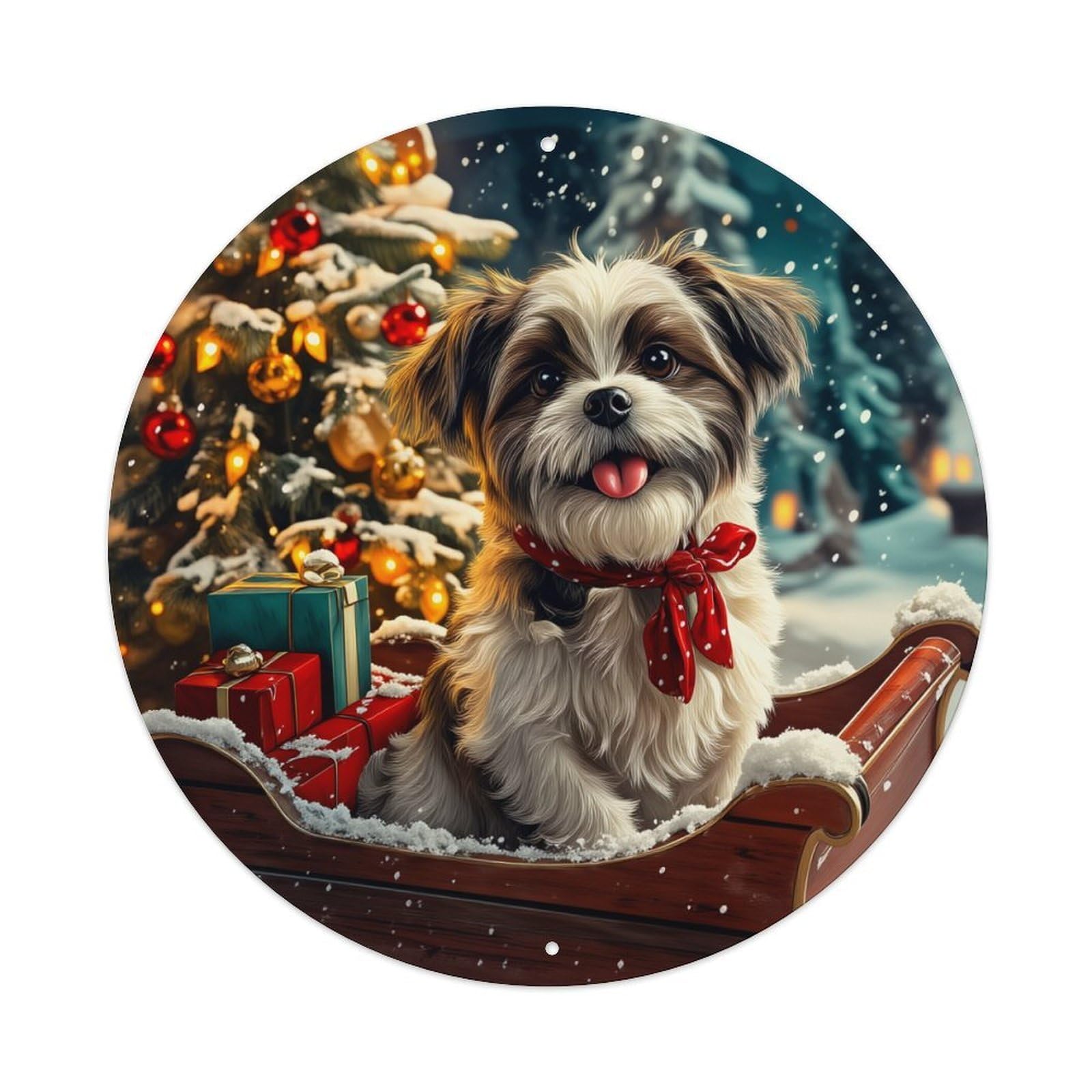 Christmas Dog Sleigh Snow Gift Round Tin Sign Retro Metal Sign for Cafe Bar Pub Home Game Room Gym Club Wall Decoration Vintage Metal Poster 8x8 Inch