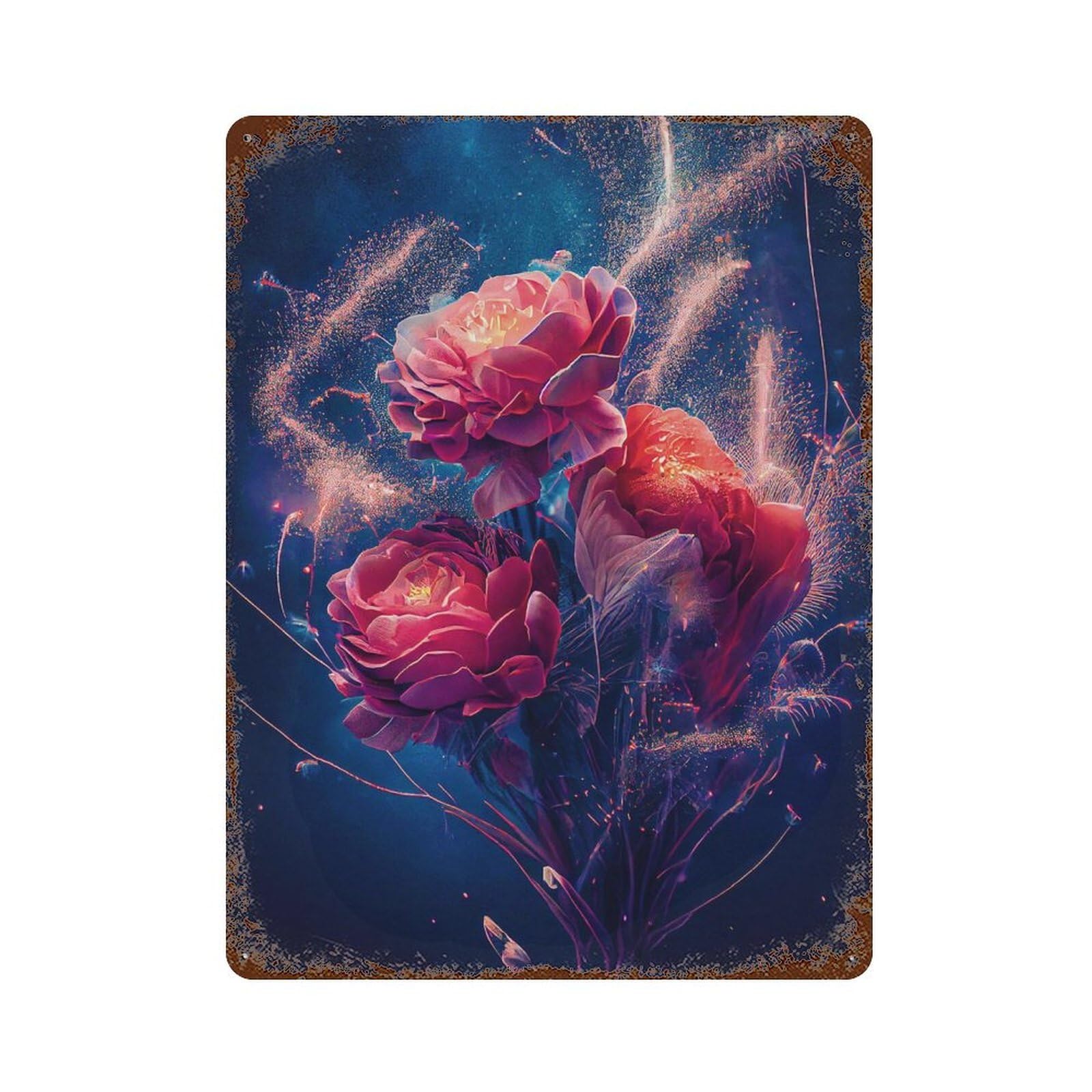 Glowing Fireworks Rose Bouquet Weathered Tin Sign 15.7"x11.8", for Basement, Hobby Room And Garage Decor, Rustic Home Decor