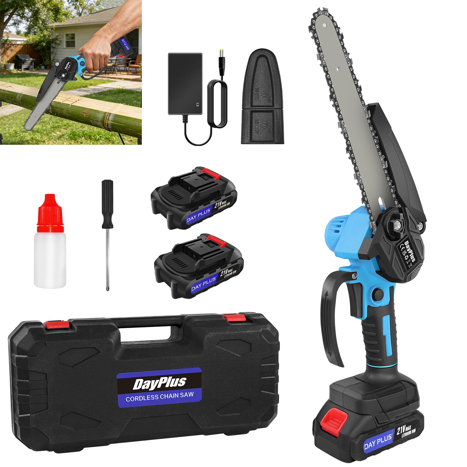Chainsaw Cordless 8 Inch with2x1500mAH Battery, Powerful Electric Brushless Chainsaw with 1 Chains and Security Lock,Handheld Small Chain Saw for Wood Cutting Tree Trimming Gardening,Blue