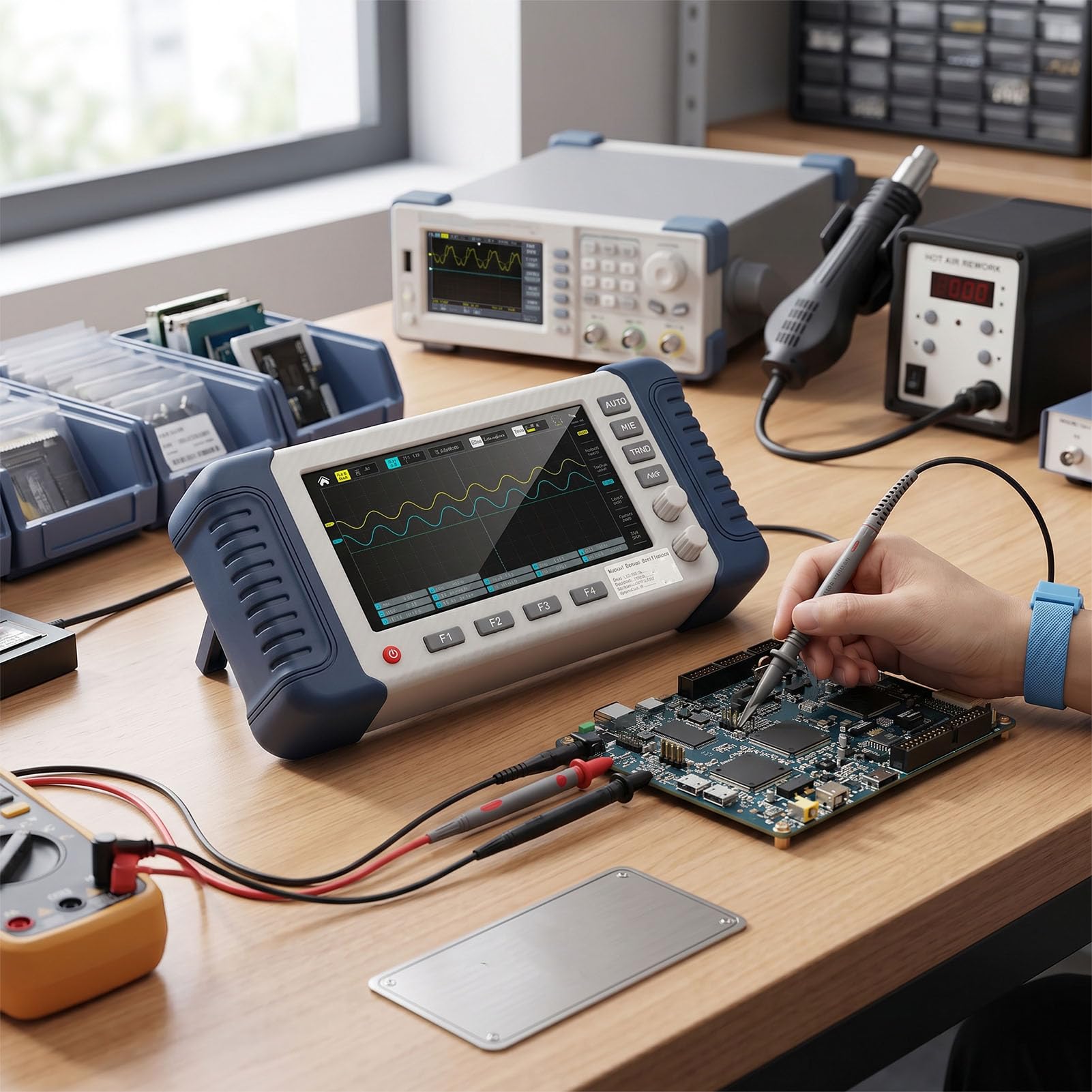 Handheld-Oszilloskop, 100MHz Bandbreite 1GSa/s Multimeter mit Frequenzgenerator für Signalanalyse Oszilloskop für Automobilwerkstätten und Elektroniklaboratorien