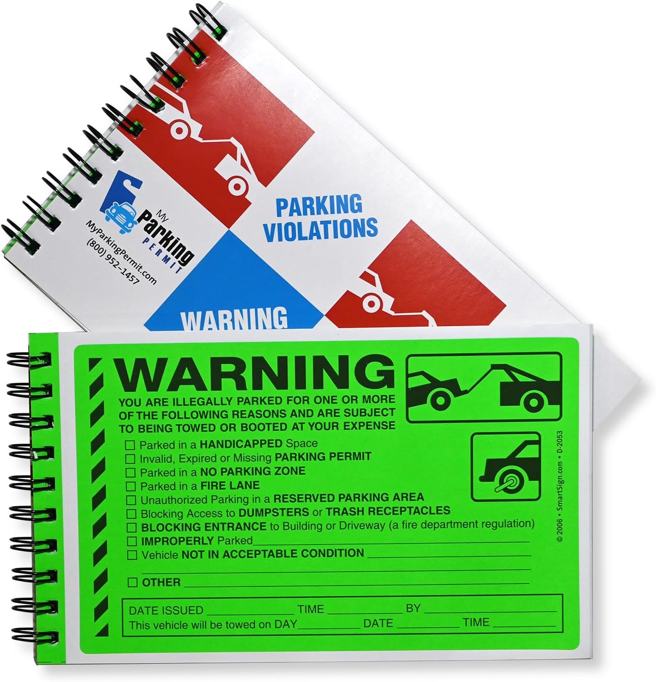 SmartSign Warning You are Illegally Parked Stickers | Book of 50 Labels with Liners, 5 x 8 inch, Tow Warning Parking Violation Sticker, Hard to Remove Write-On Tickets, Fluorescent Green